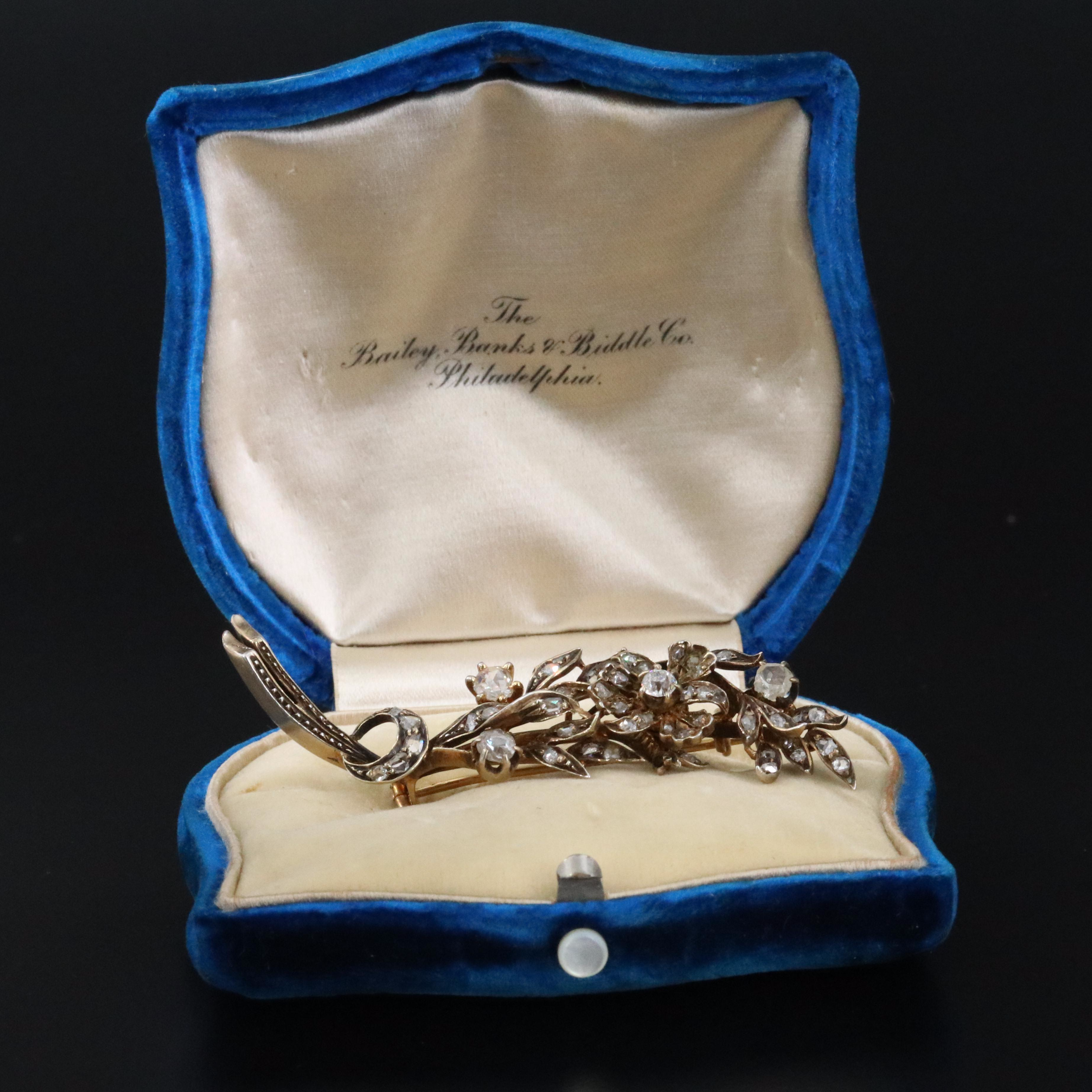 Antique 14K 0.72 CTW Diamond Floral Spray Brooch with Sterling Top Trim