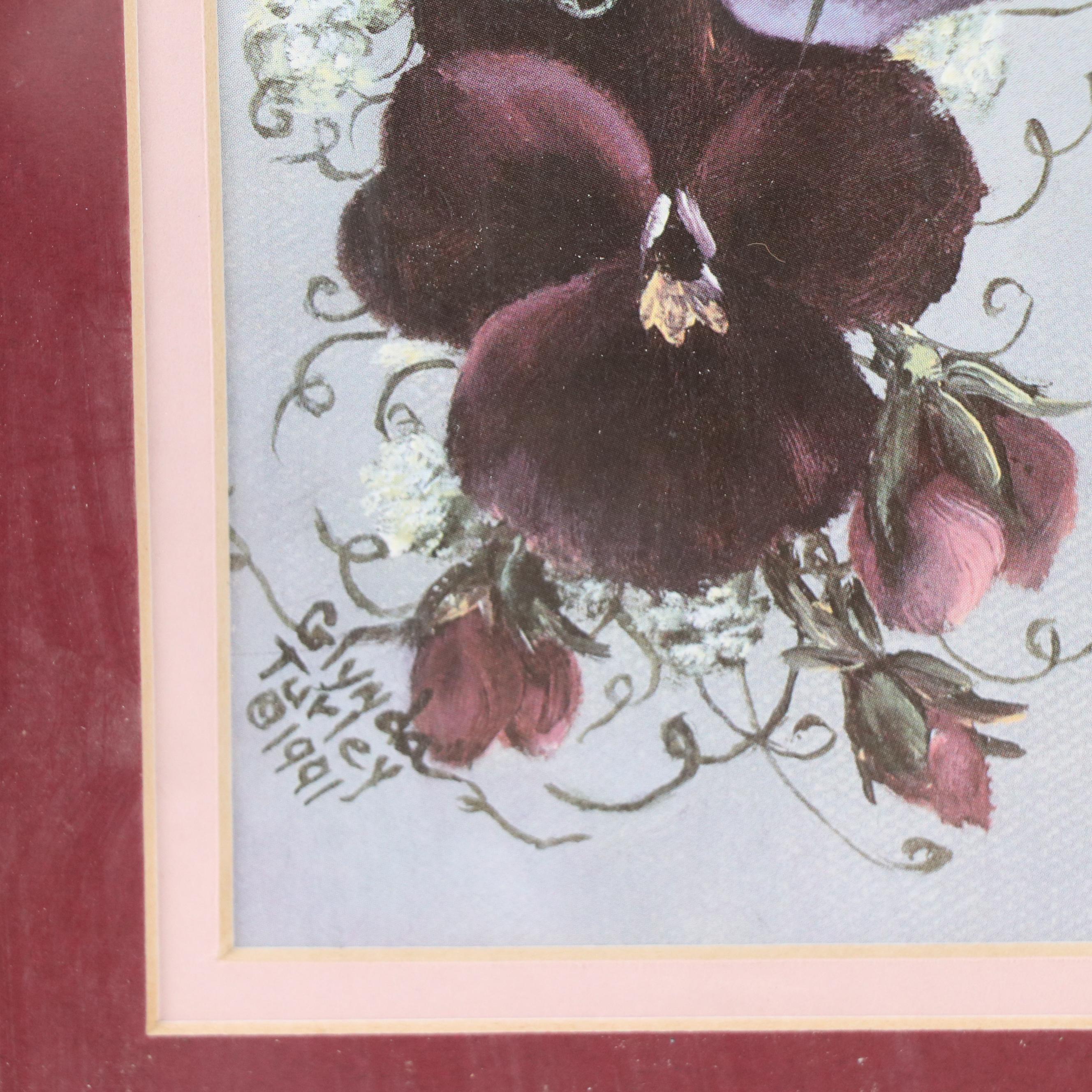 Glynda Turley Offset Lithograph of Pansies and Roses, Late 20th Century