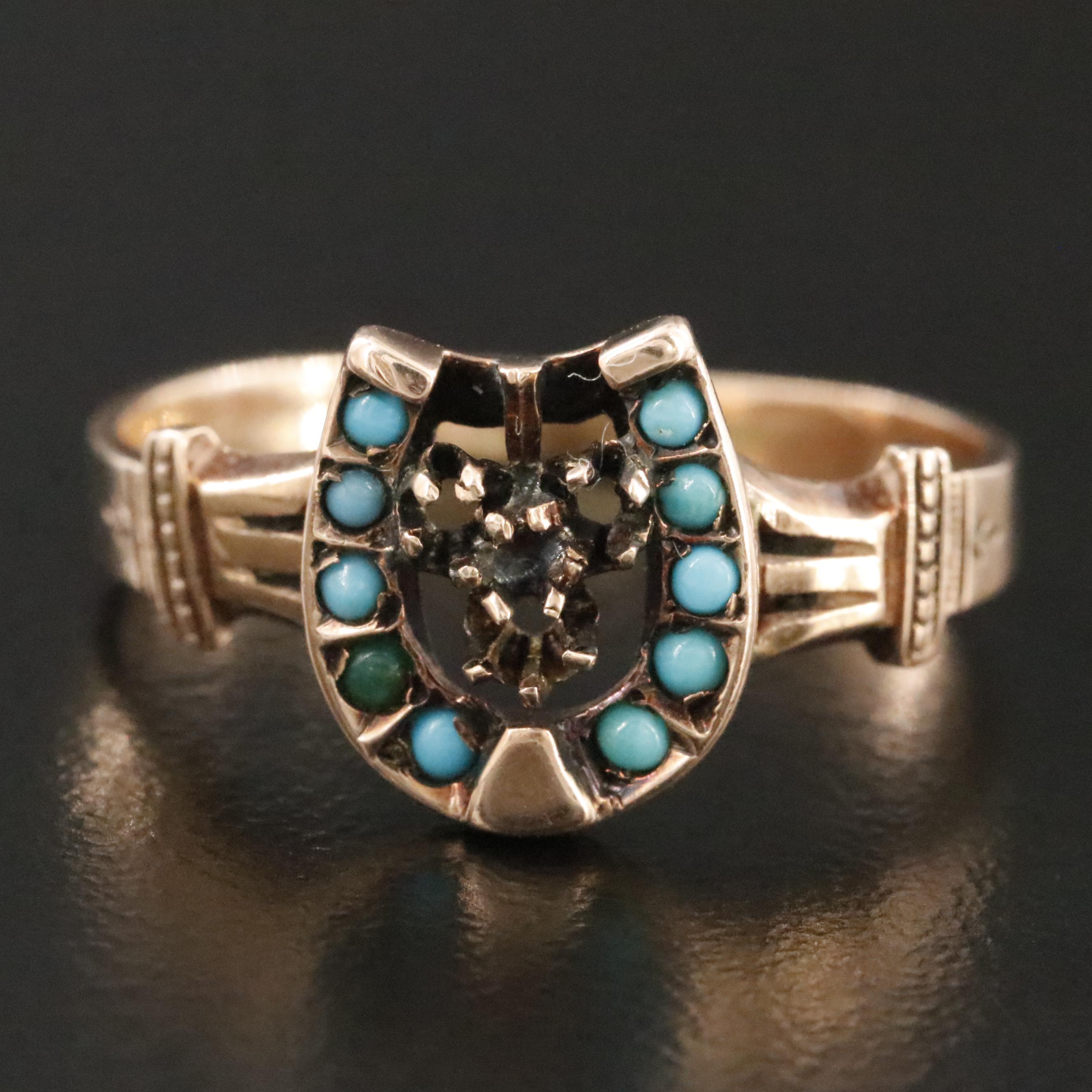 Victorian 10K Rose Gold Turquoise Horseshoe Ring