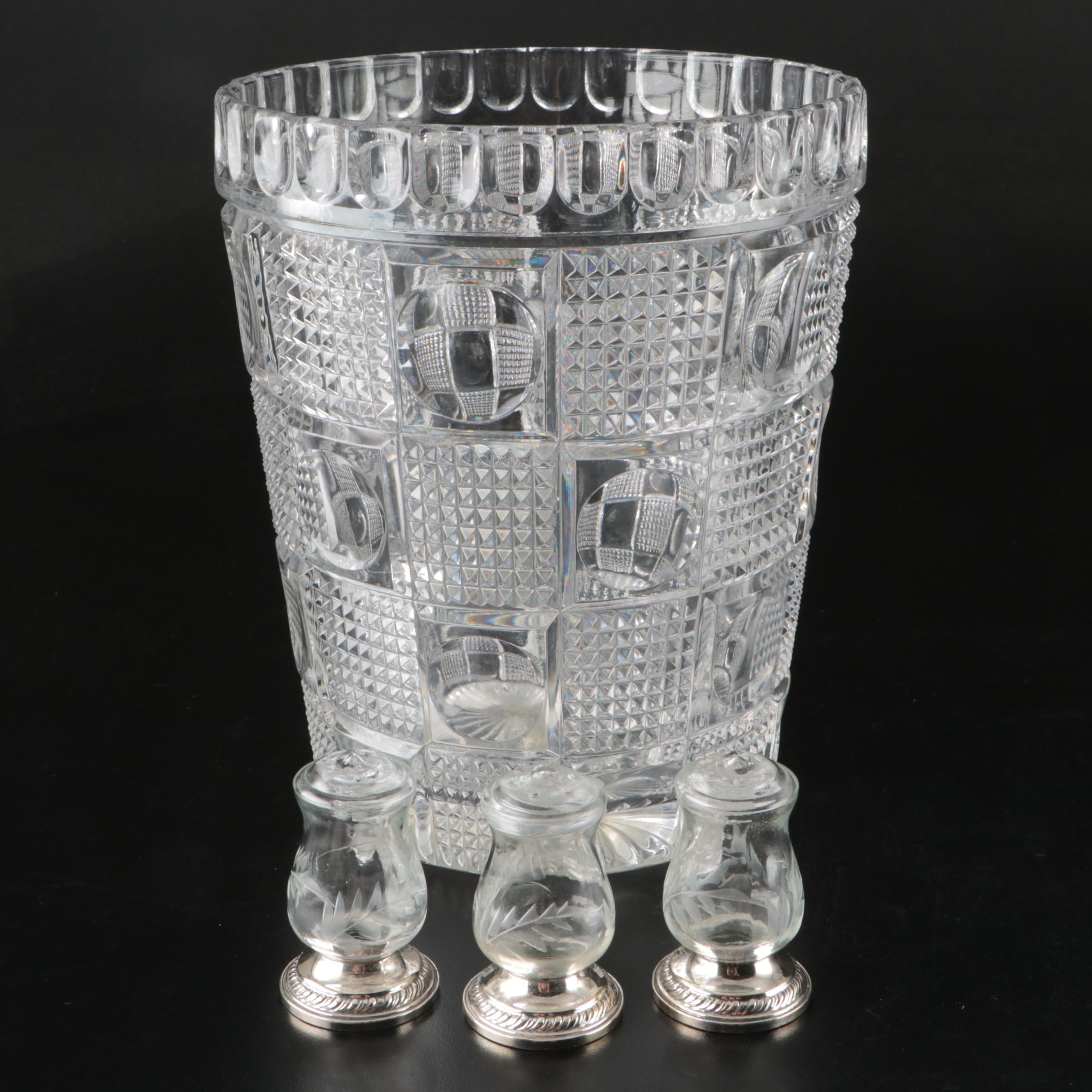 Quaker Sterling Silver and Glass Shakers with Crystal Ice Bucket