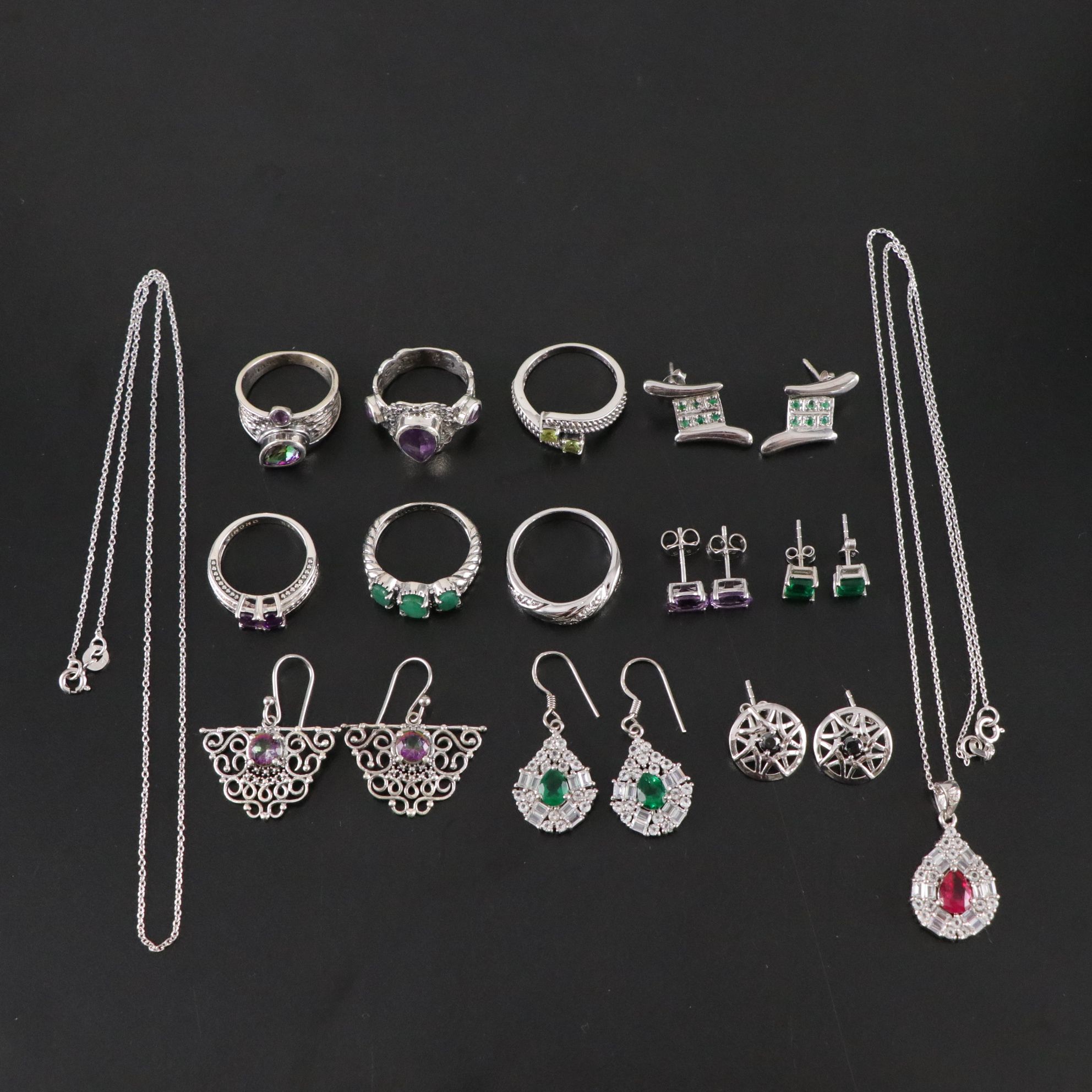 14 Assorted Sterling Silver Rings, Necklaces and Earrings