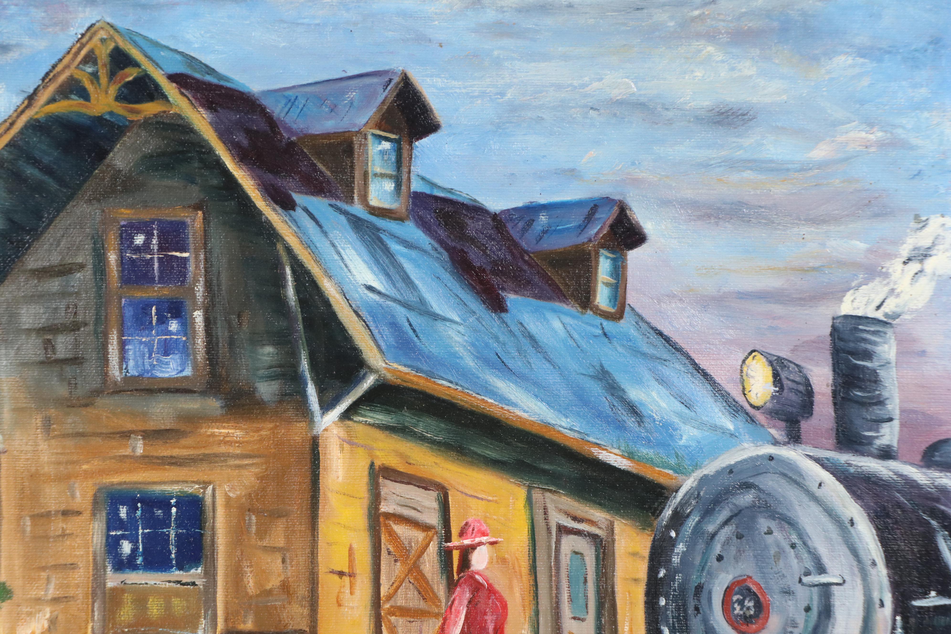 Frank J. Brenner Oil Painting of Woman at Train Station, Late 20th Century