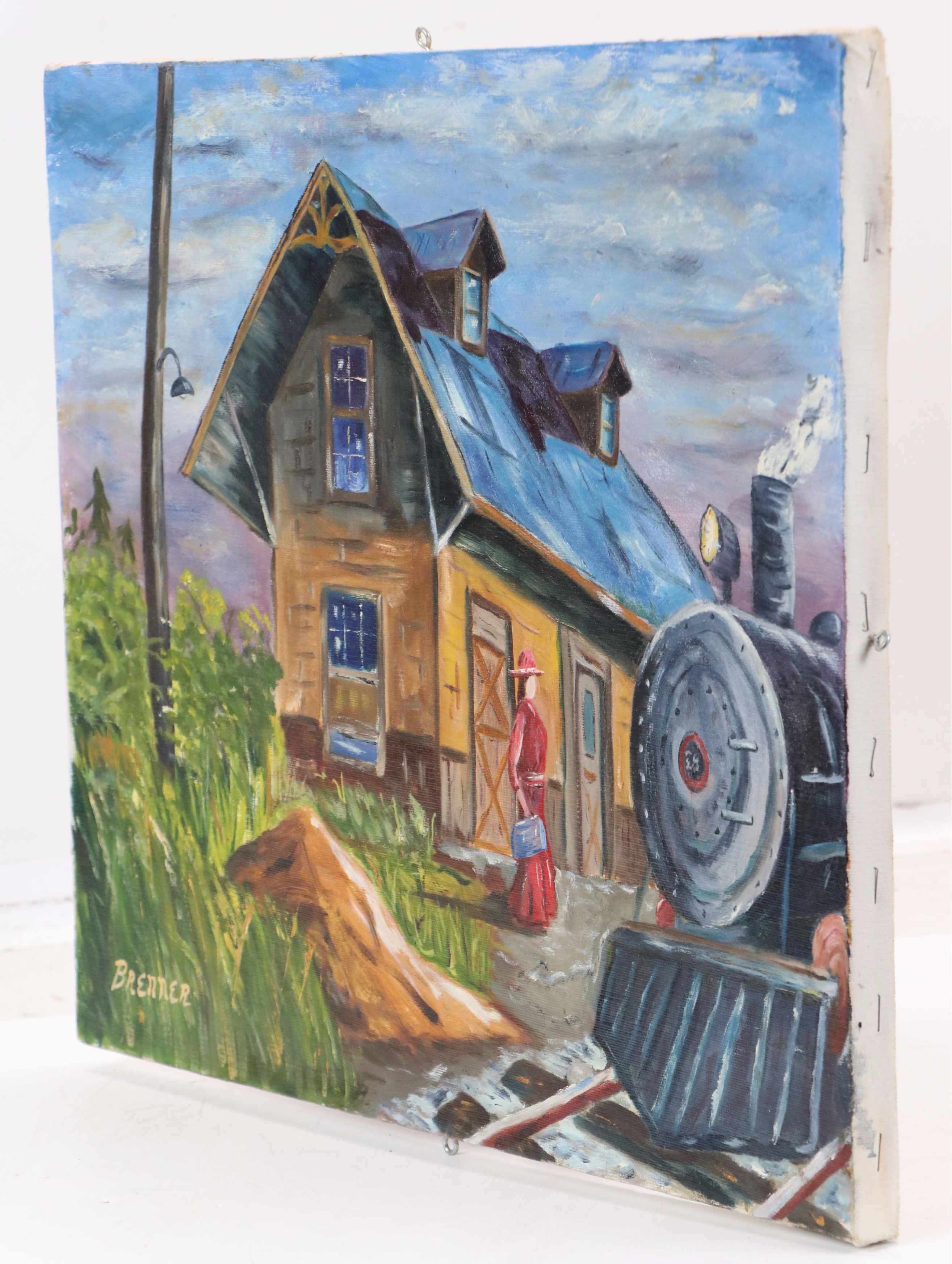 Frank J. Brenner Oil Painting of Woman at Train Station, Late 20th Century