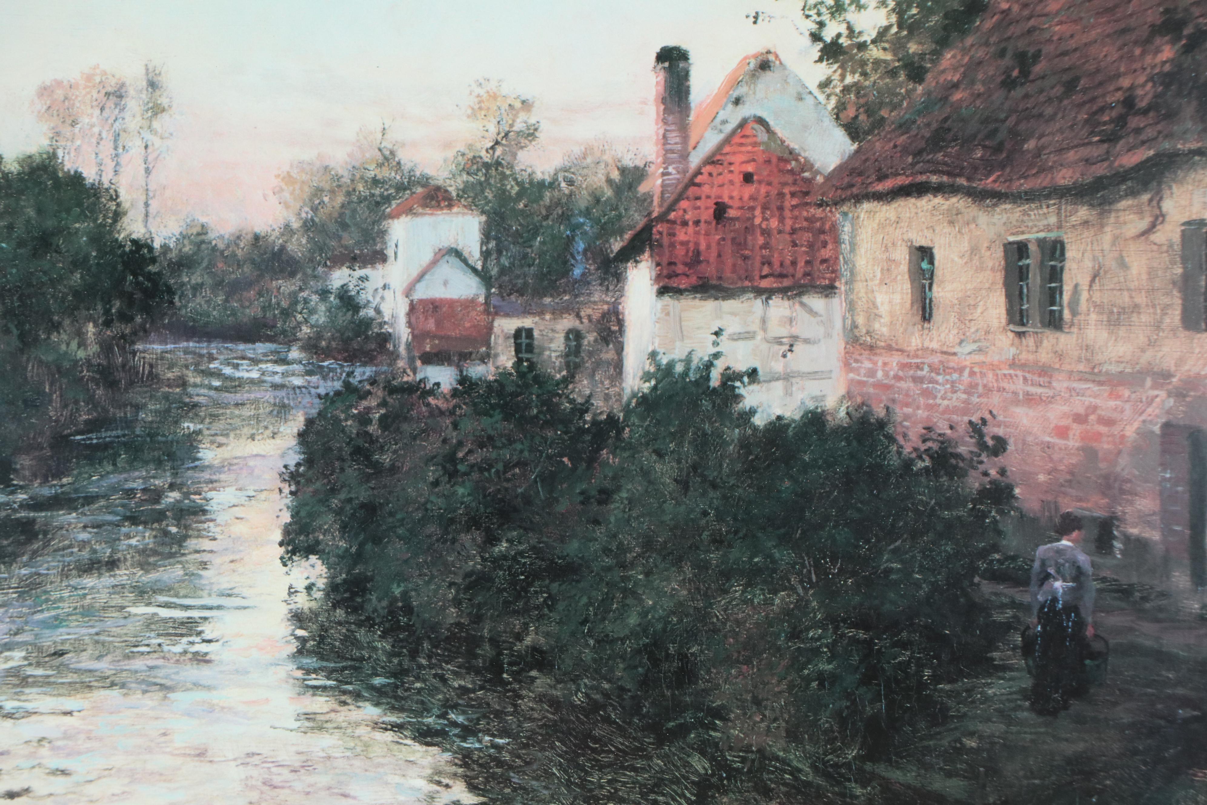 After Frits Thaulow Offset Lithograph "Village on the Bank," Late 20th Century