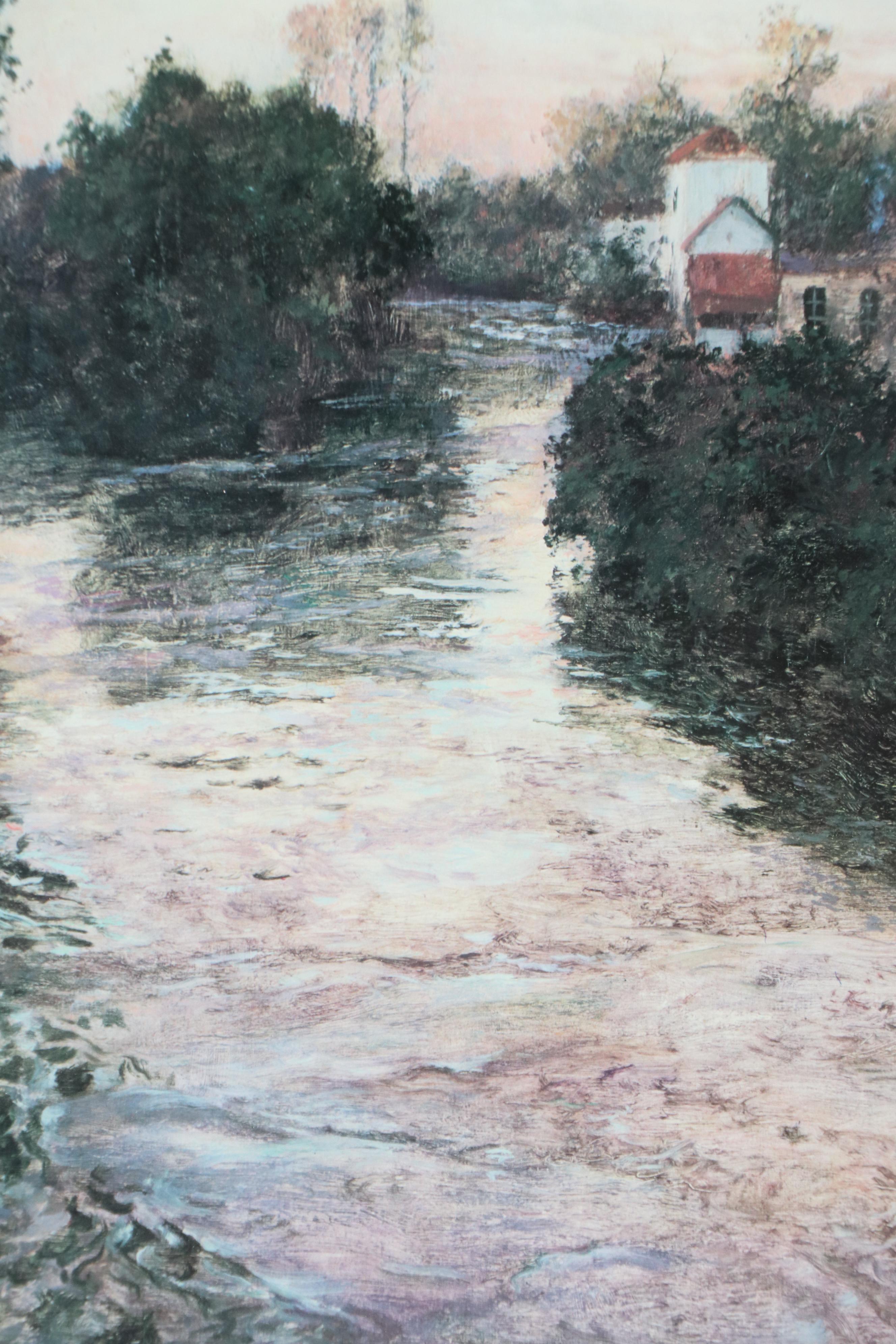 After Frits Thaulow Offset Lithograph "Village on the Bank," Late 20th Century