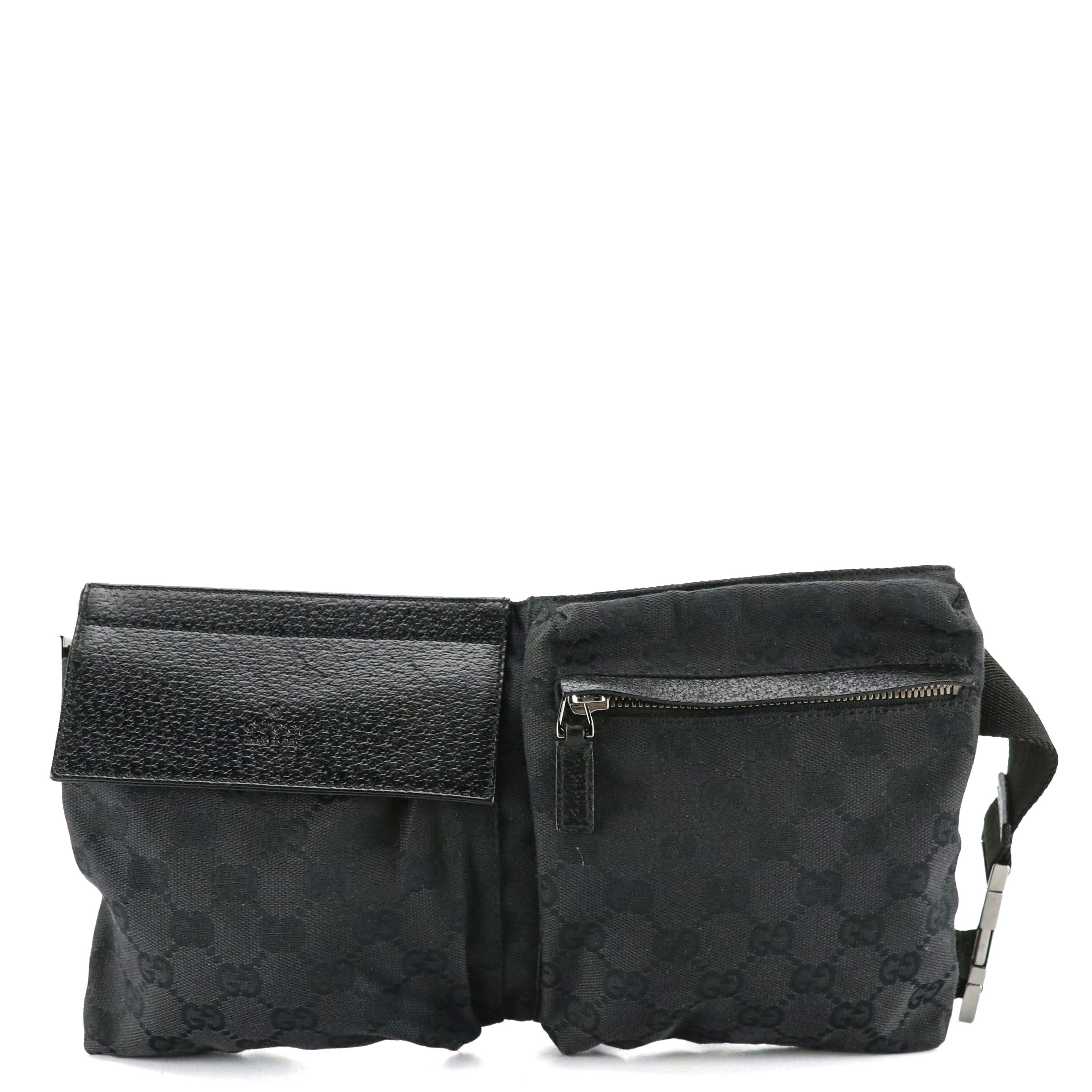 Gucci Double Pocket Belt Bag in Black GG Canvas and Black Leather