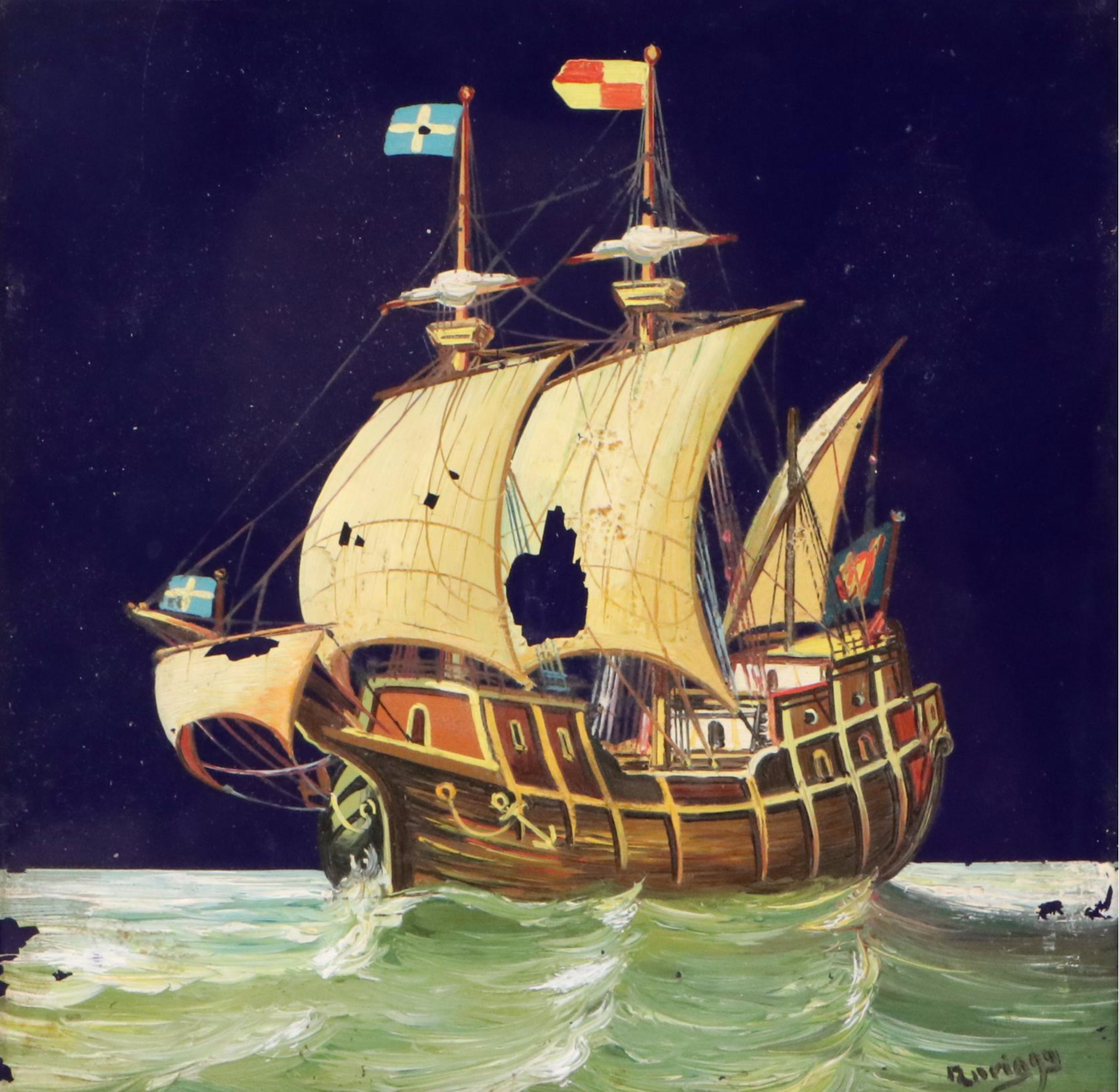 Maritime Hand-Painted Glass Tile of Sailing Ship