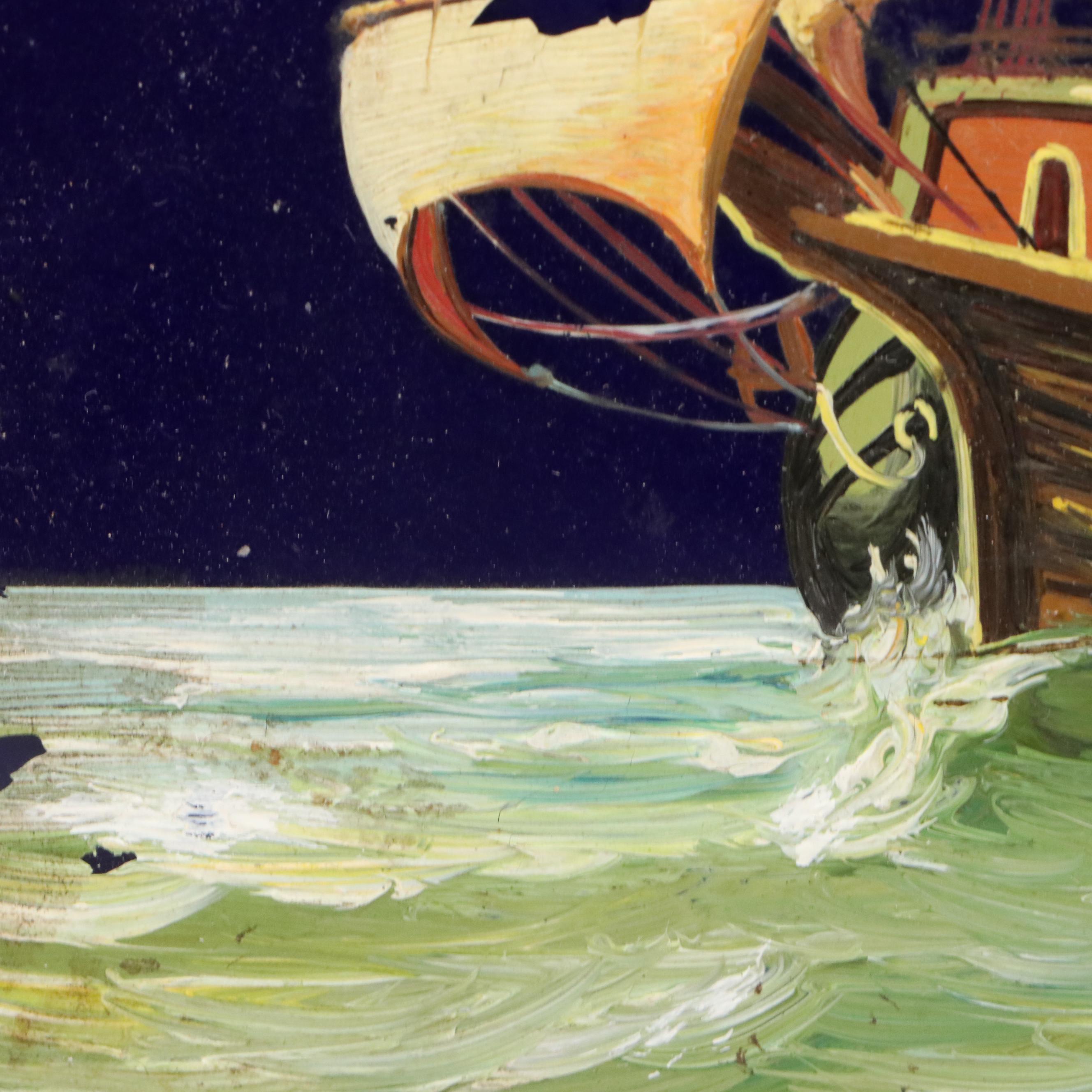 Maritime Hand-Painted Glass Tile of Sailing Ship