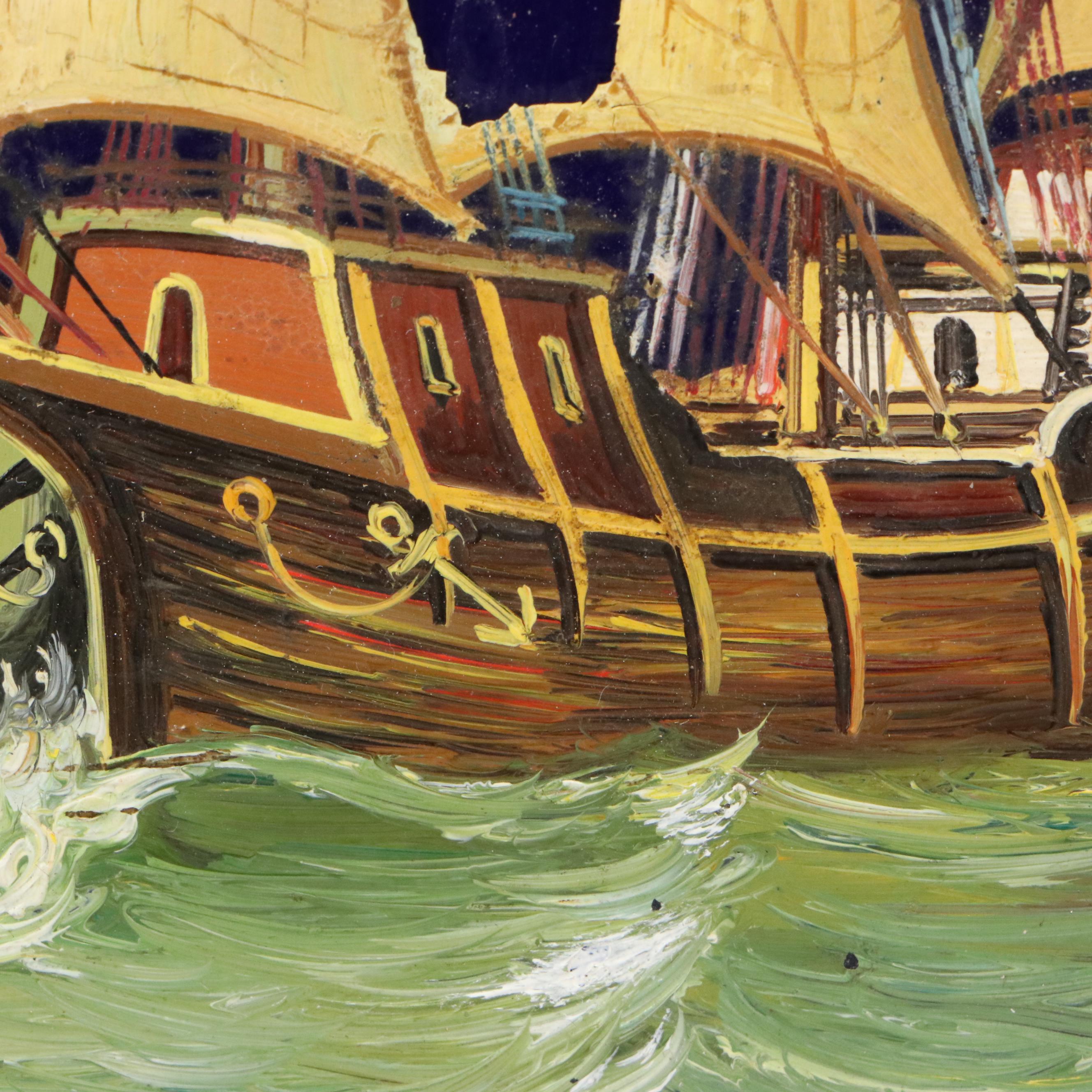 Maritime Hand-Painted Glass Tile of Sailing Ship