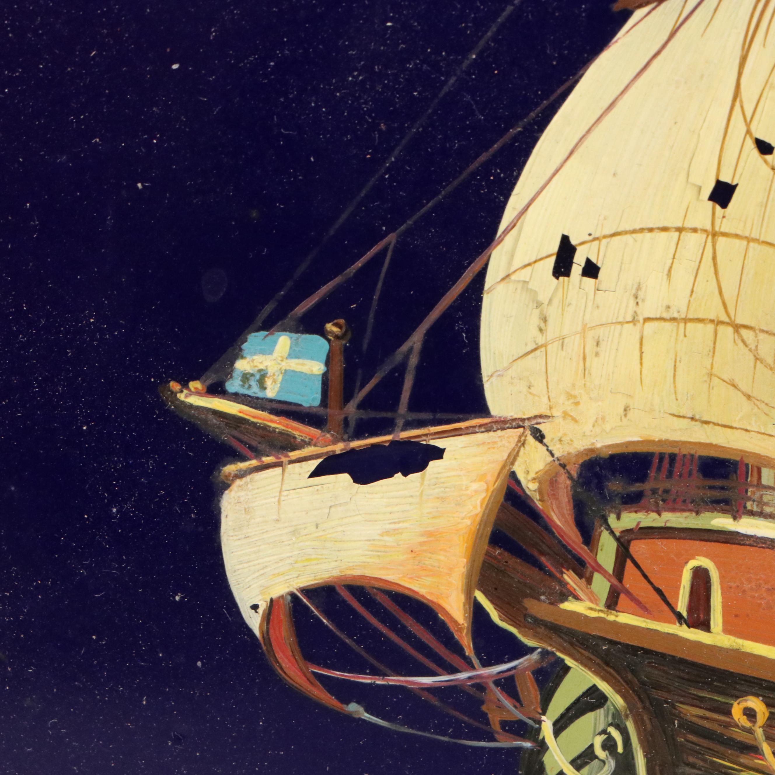 Maritime Hand-Painted Glass Tile of Sailing Ship