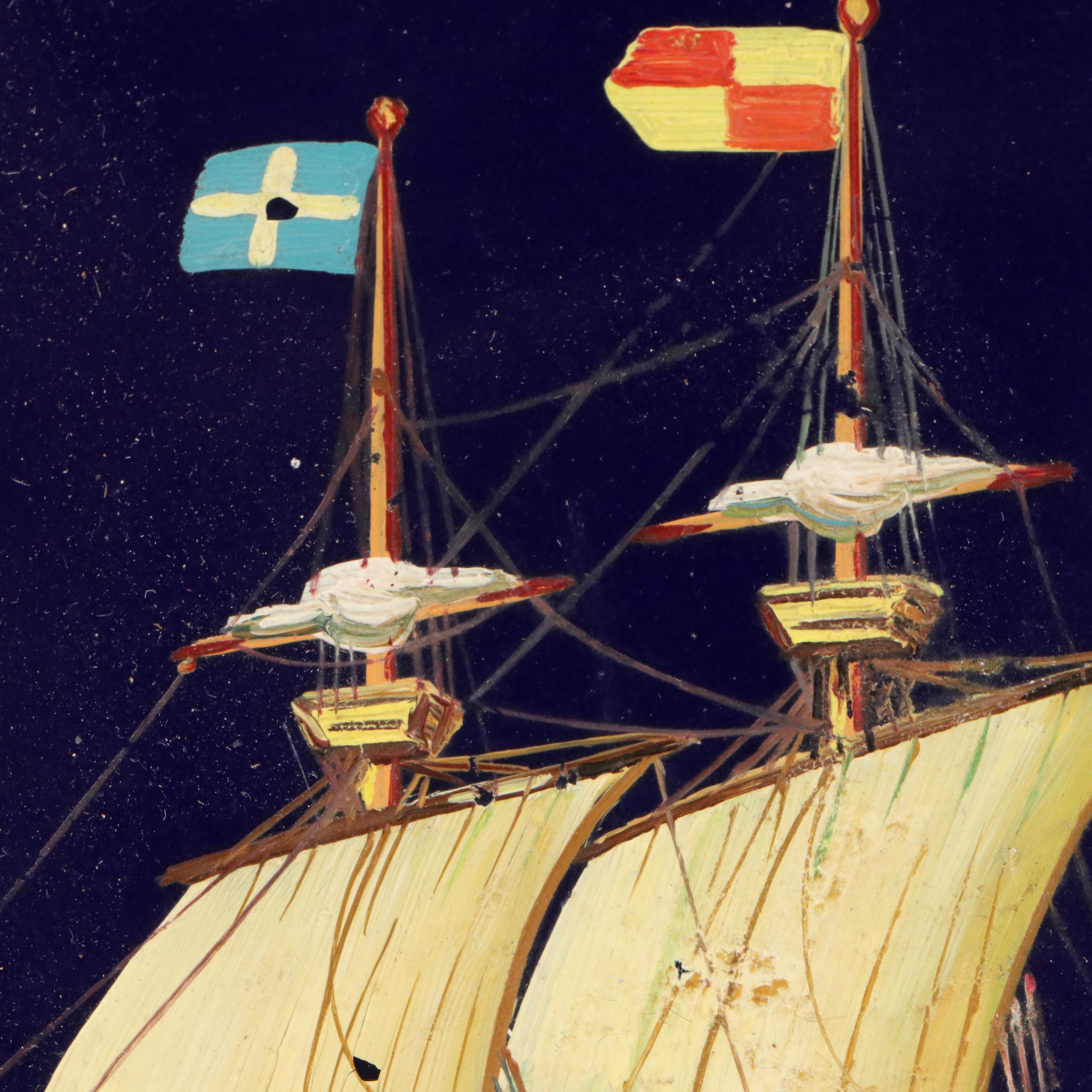 Maritime Hand-Painted Glass Tile of Sailing Ship