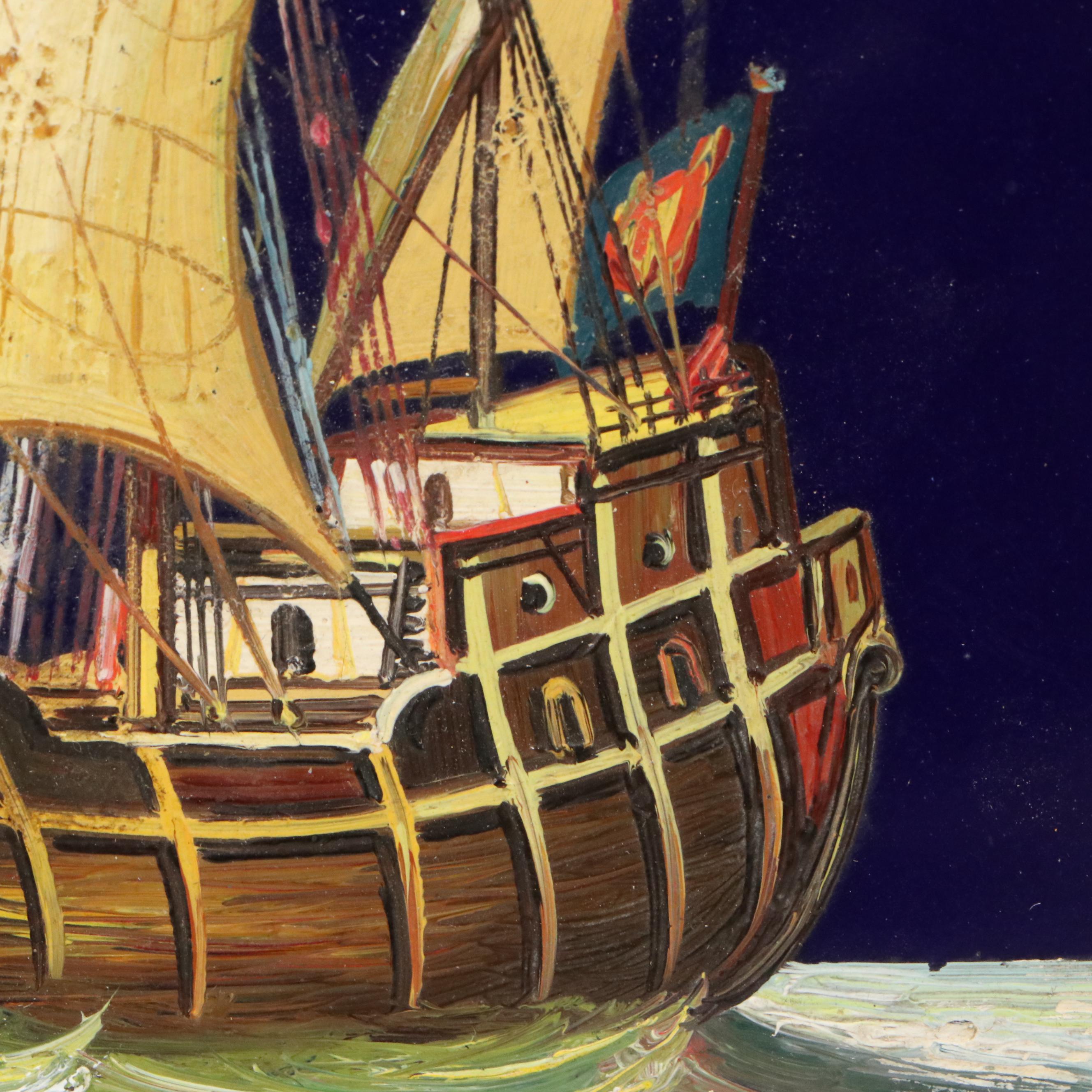 Maritime Hand-Painted Glass Tile of Sailing Ship