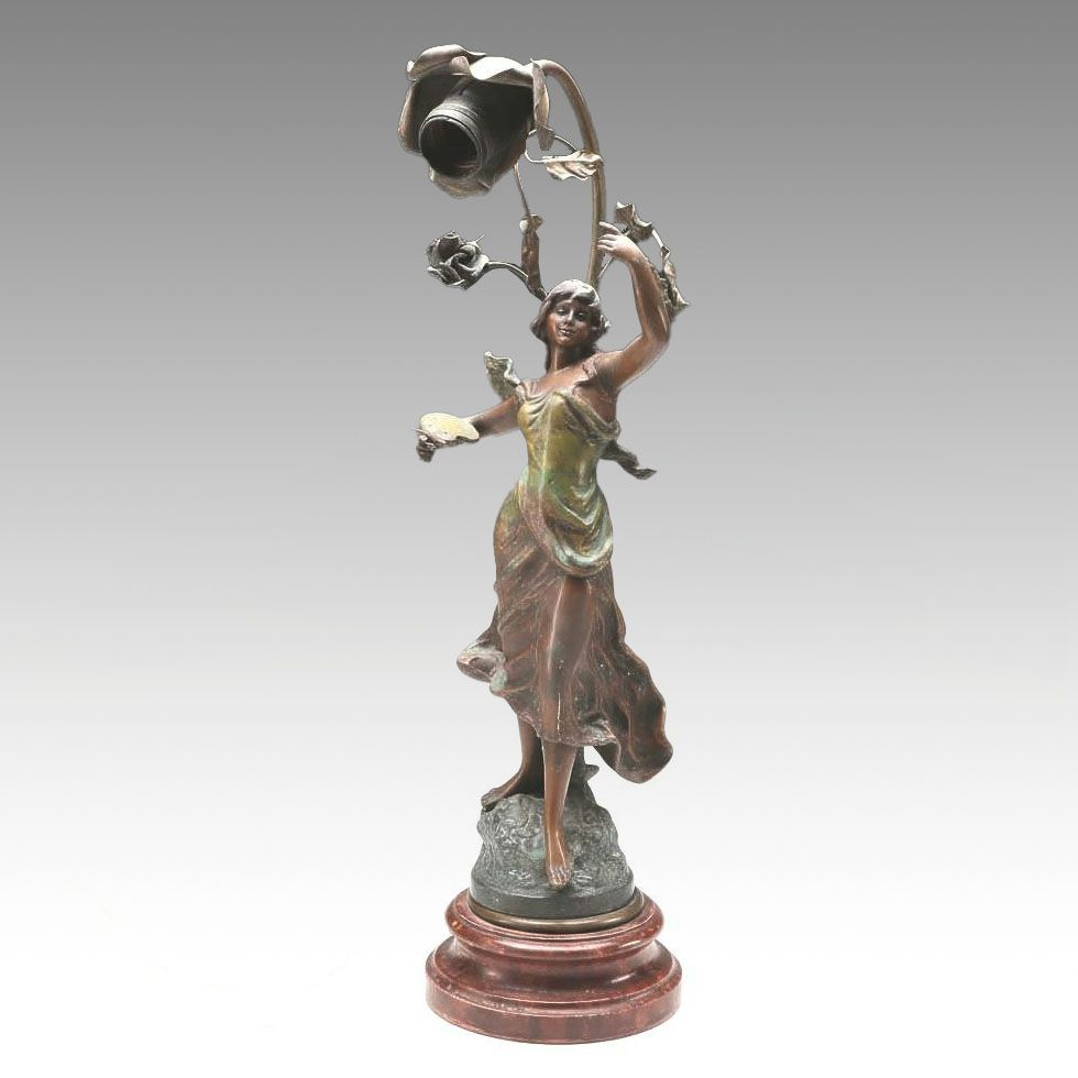 Art Nouveau Style Patinated Spelter Accent Lamp After George Maxim