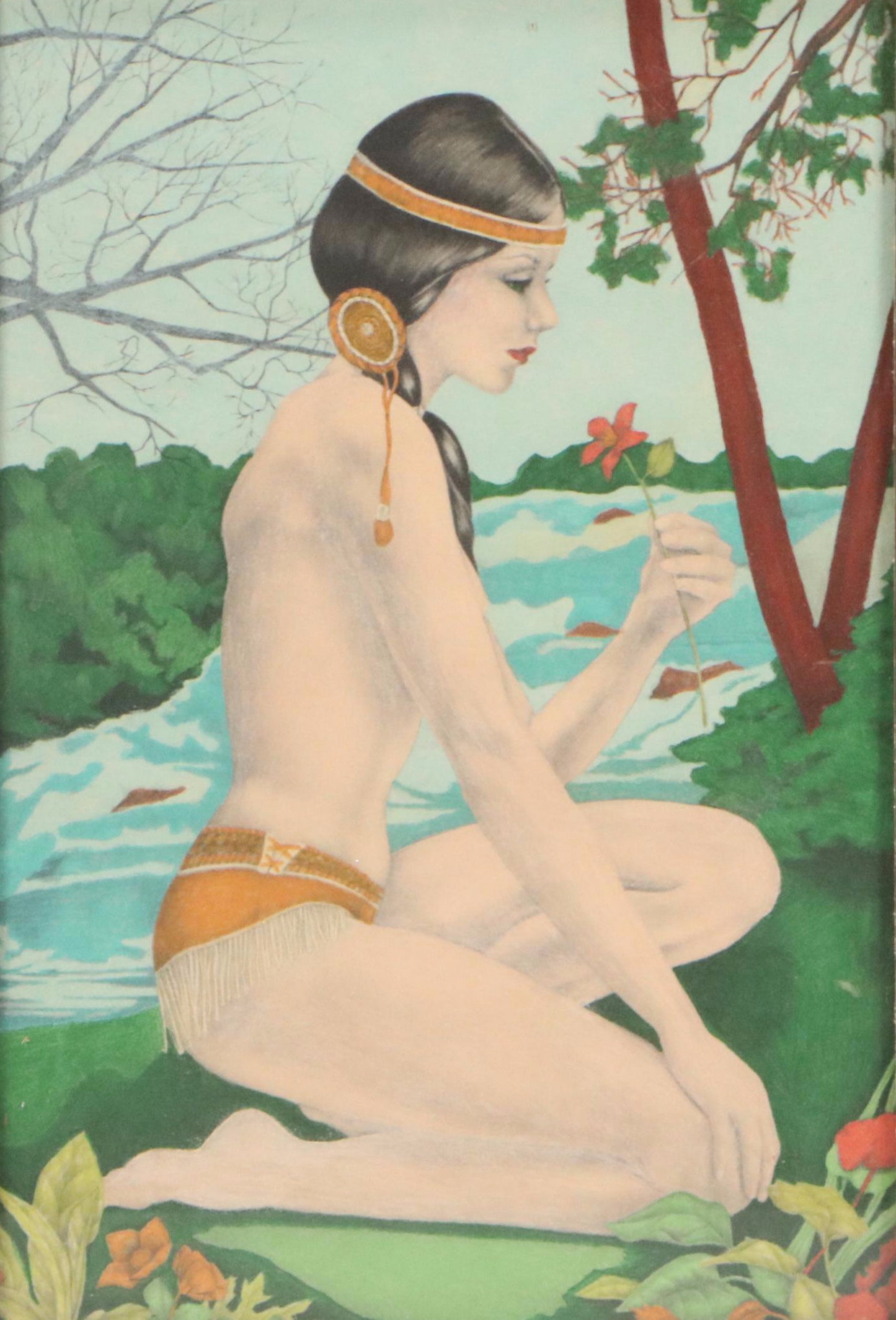 Velour Painting of Native American Woman by the River