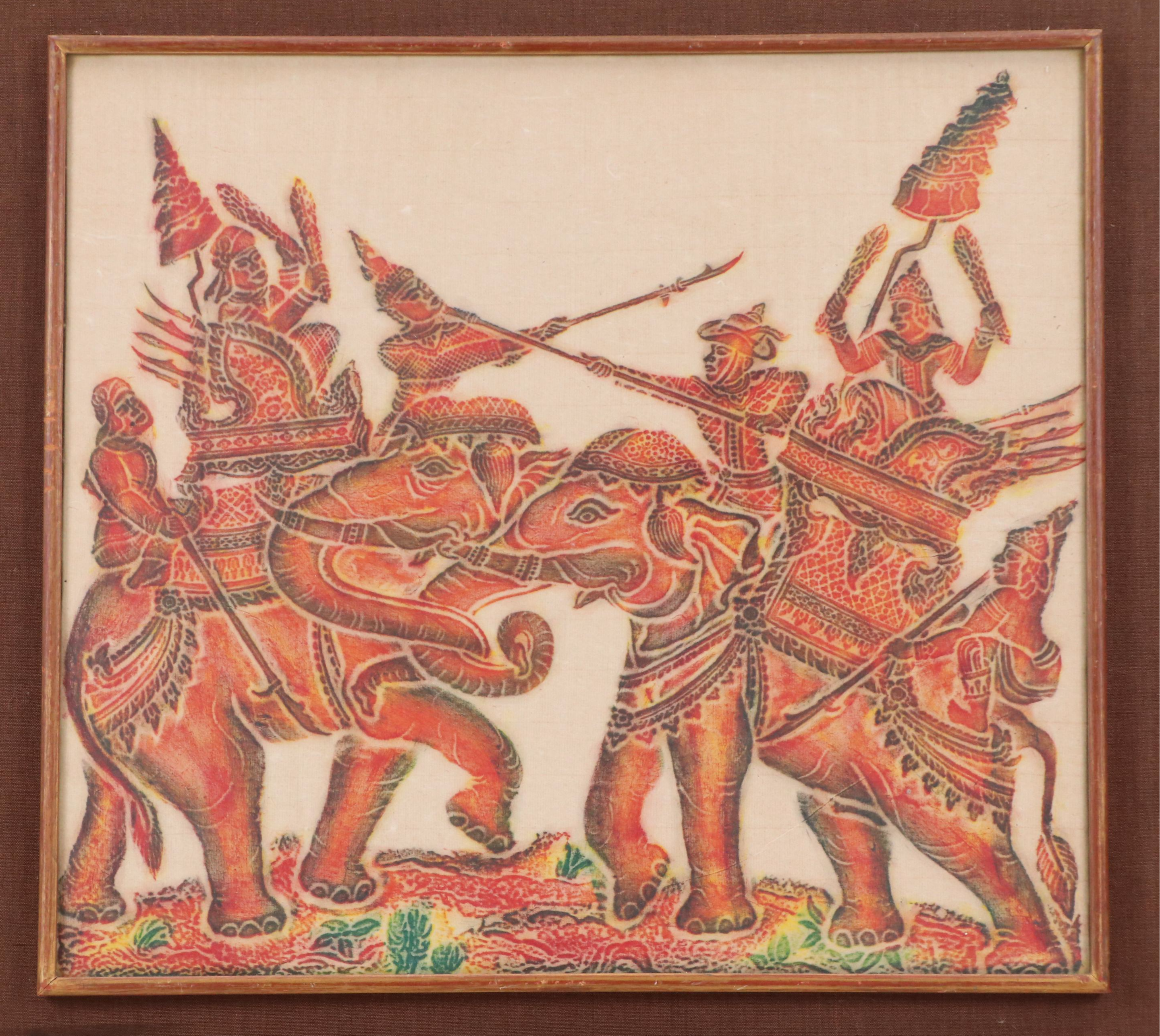 Thai Temple Multicolor Rubbing of Warring Elephants on Rice Paper, Circa 1940