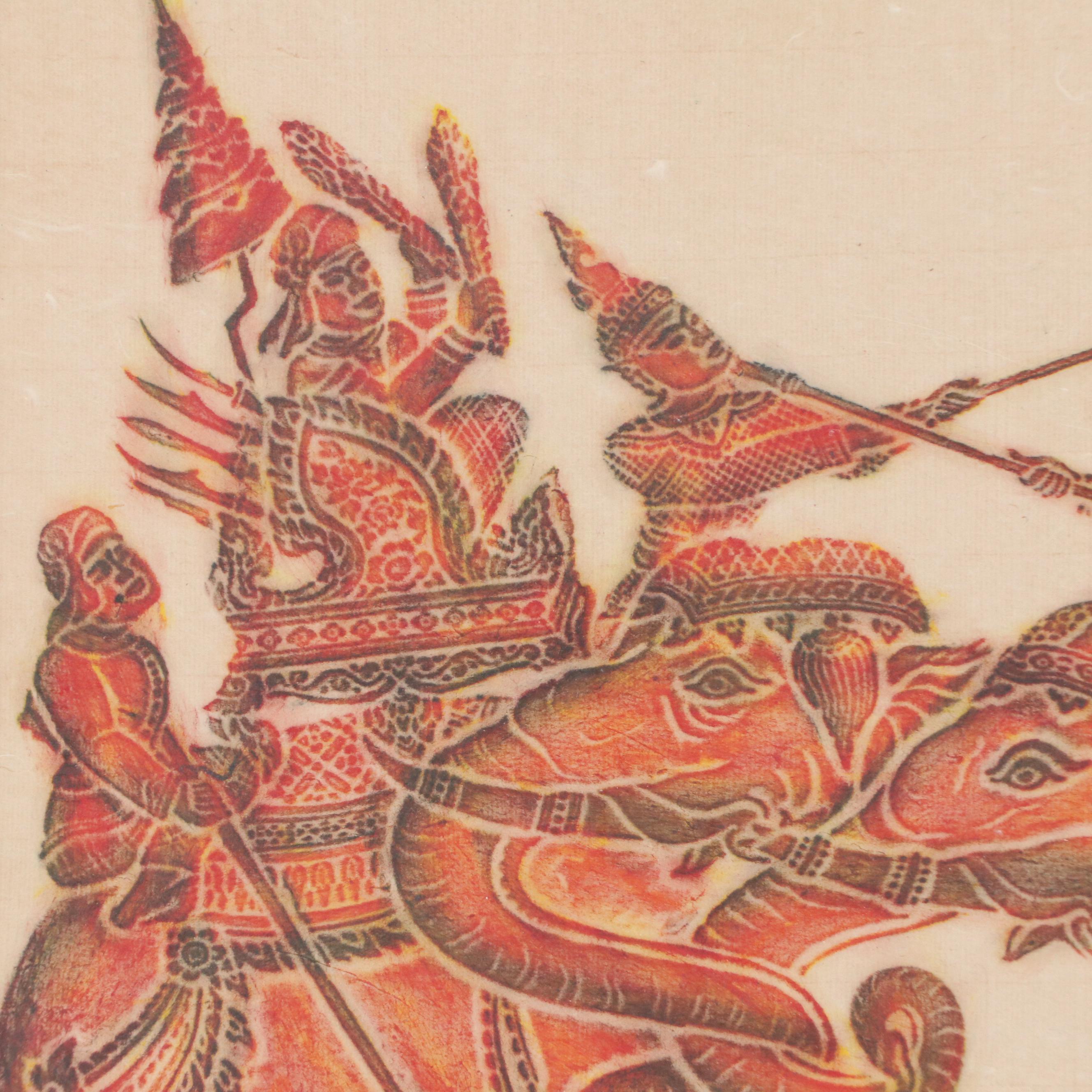 Thai Temple Multicolor Rubbing of Warring Elephants on Rice Paper, Circa 1940