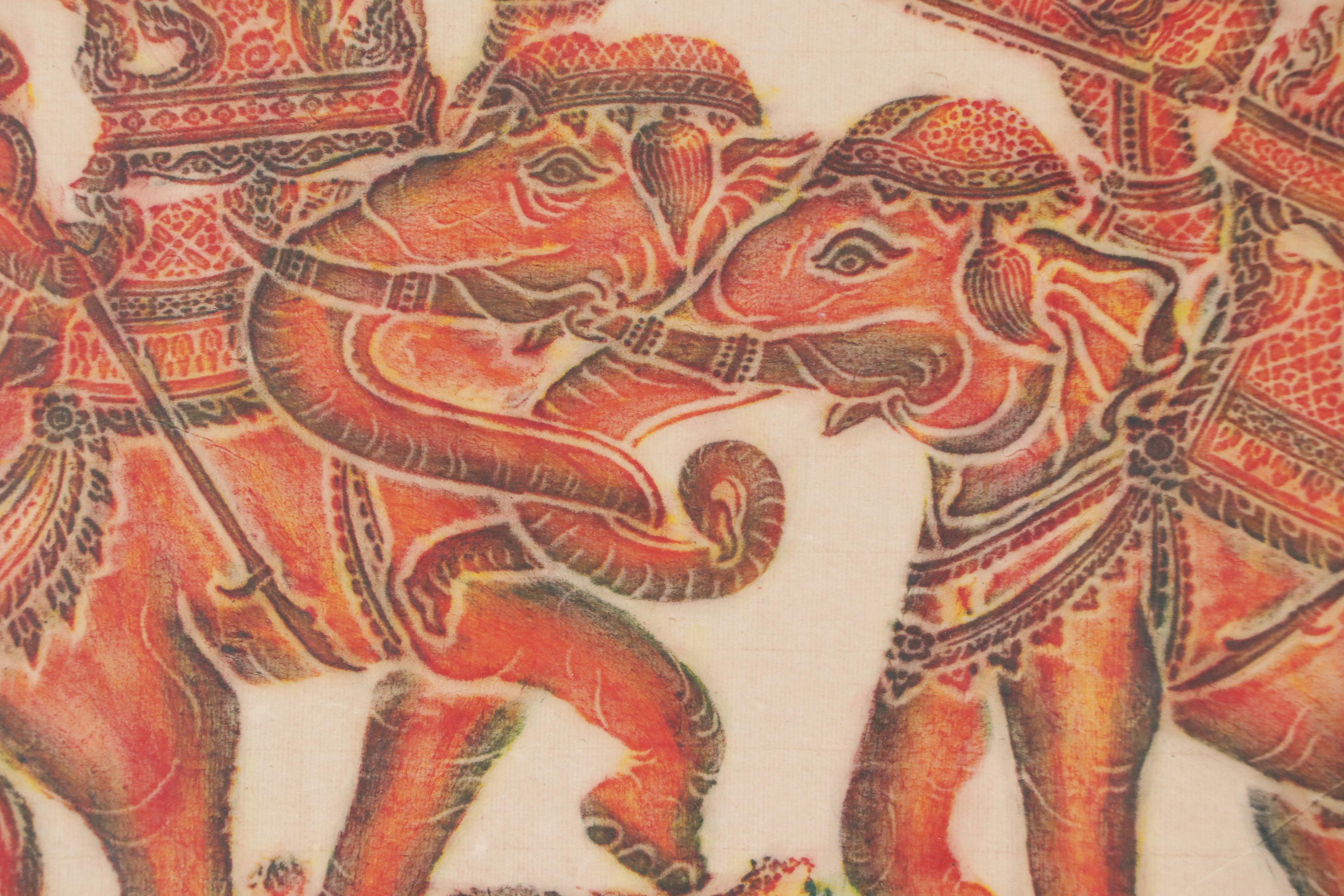 Thai Temple Multicolor Rubbing of Warring Elephants on Rice Paper, Circa 1940
