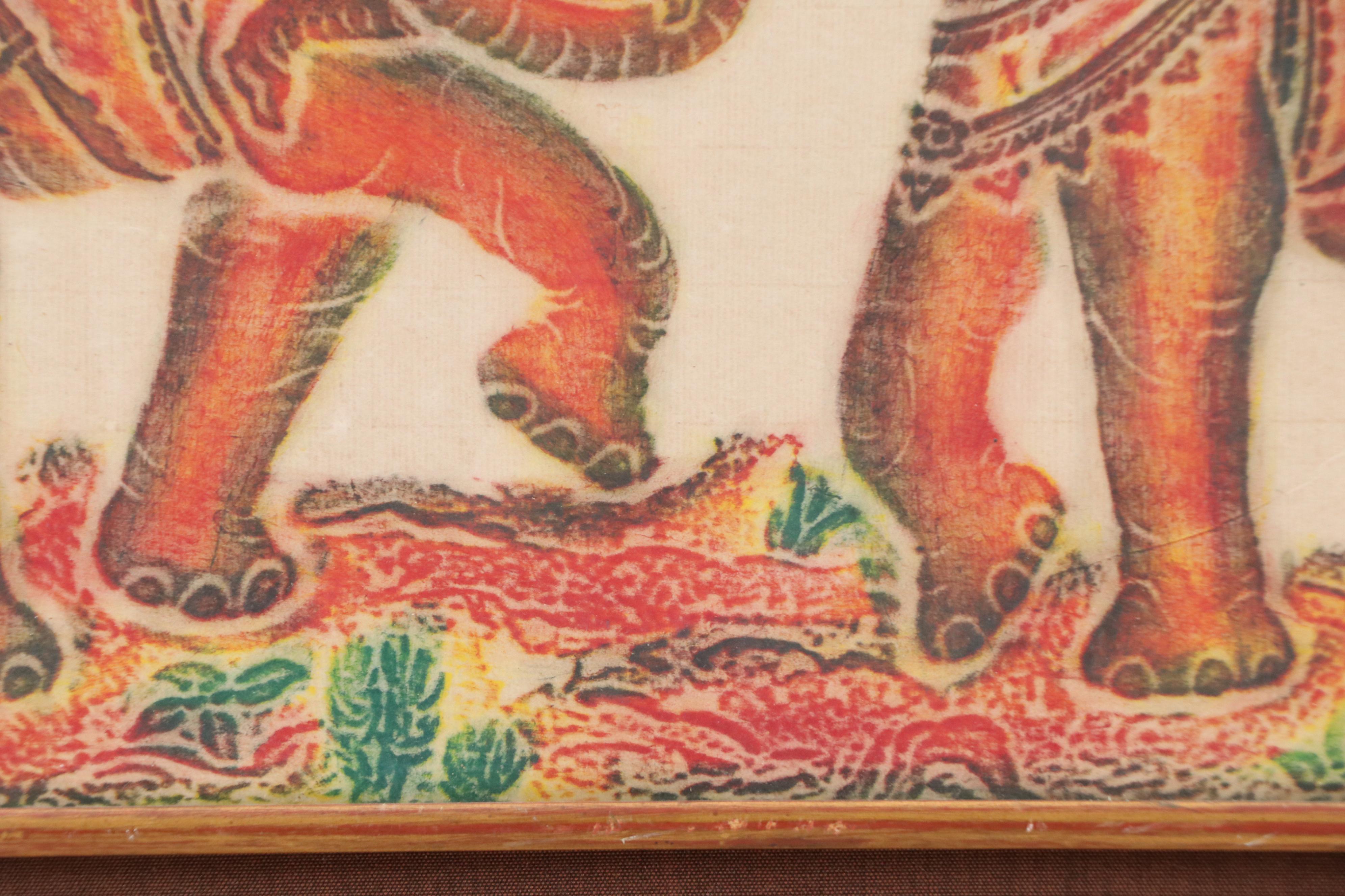 Thai Temple Multicolor Rubbing of Warring Elephants on Rice Paper, Circa 1940