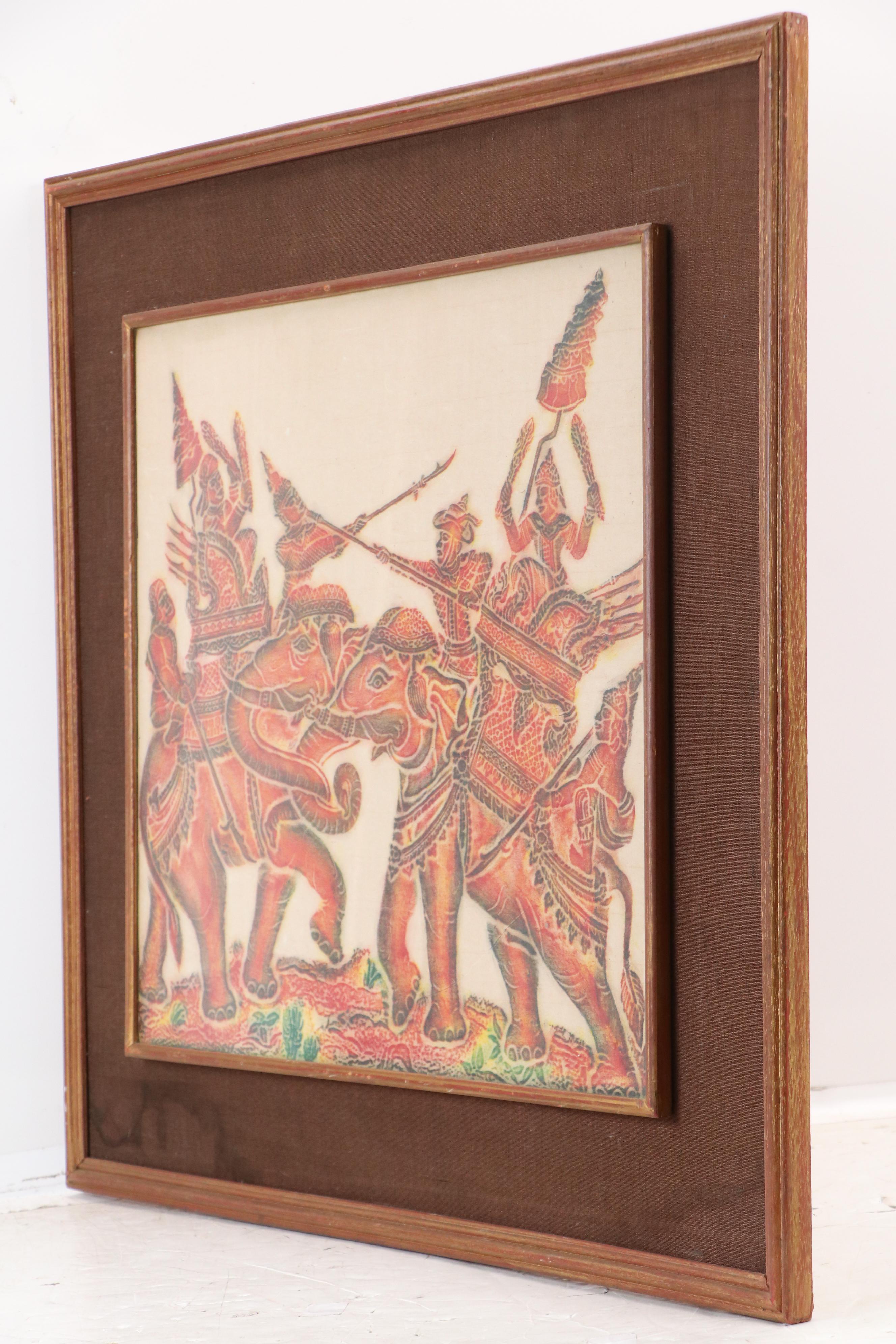 Thai Temple Multicolor Rubbing of Warring Elephants on Rice Paper, Circa 1940