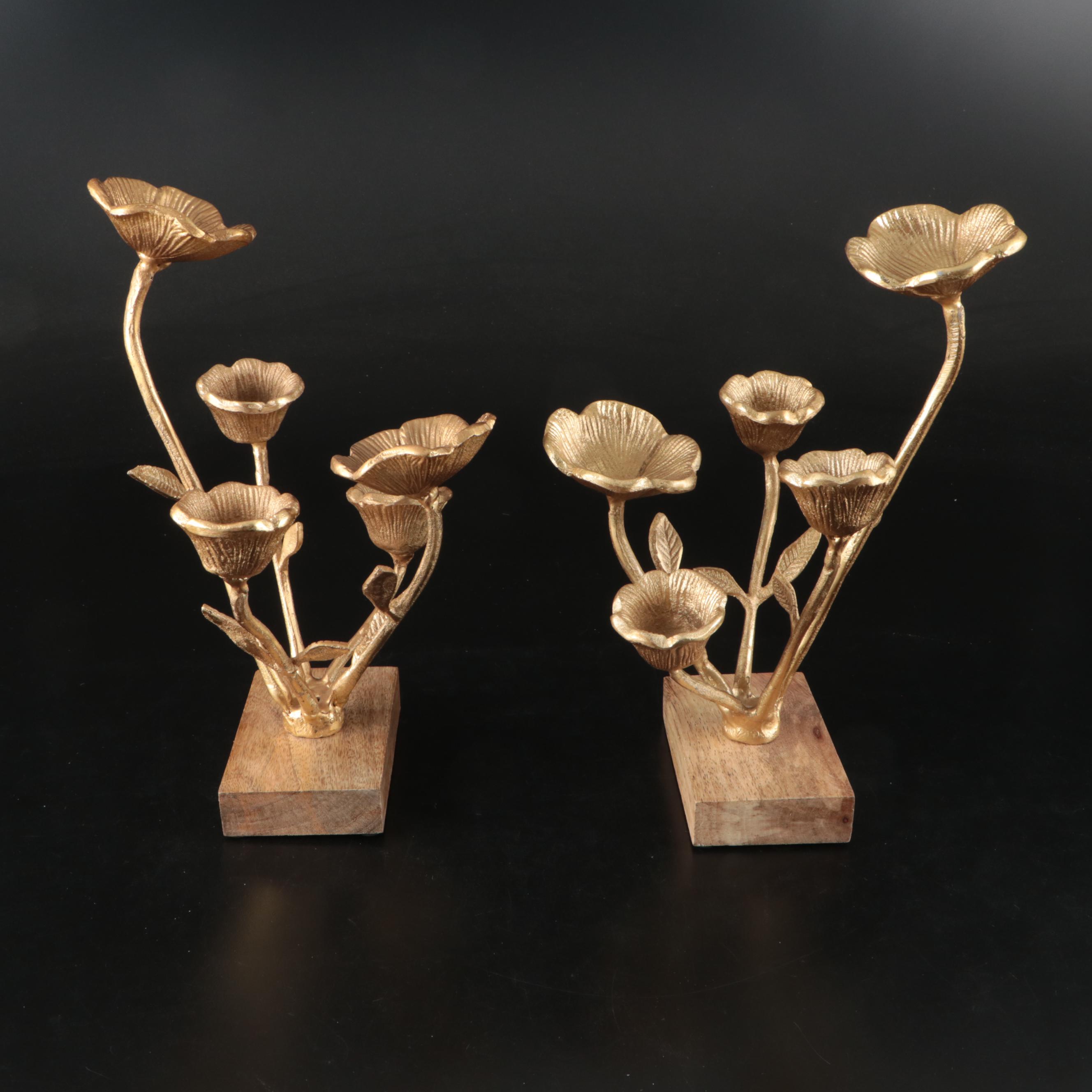 Pair of Gilt Metal Lotus on Teak Stands