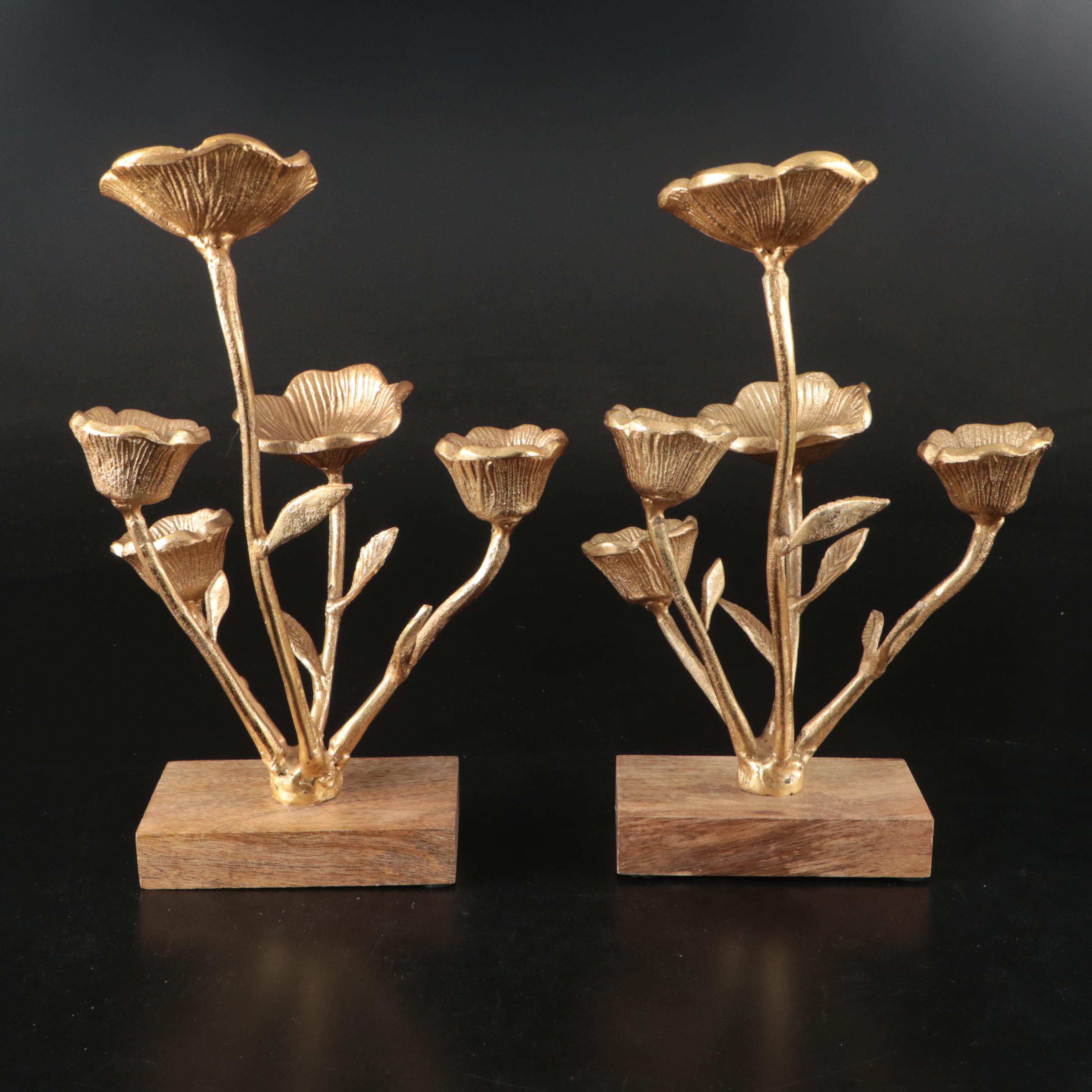 Pair of Gilt Metal Lotus on Teak Stands