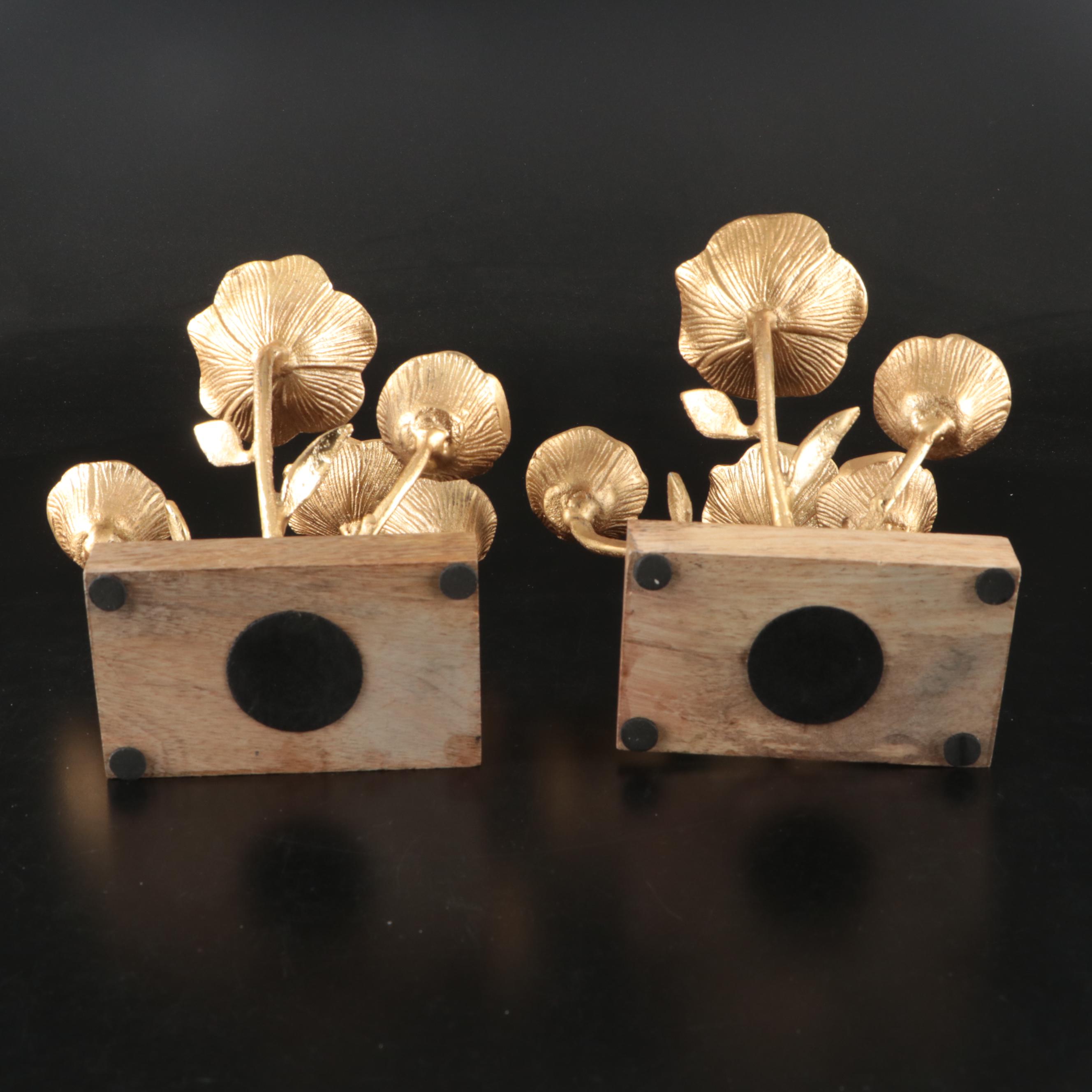 Pair of Gilt Metal Lotus on Teak Stands