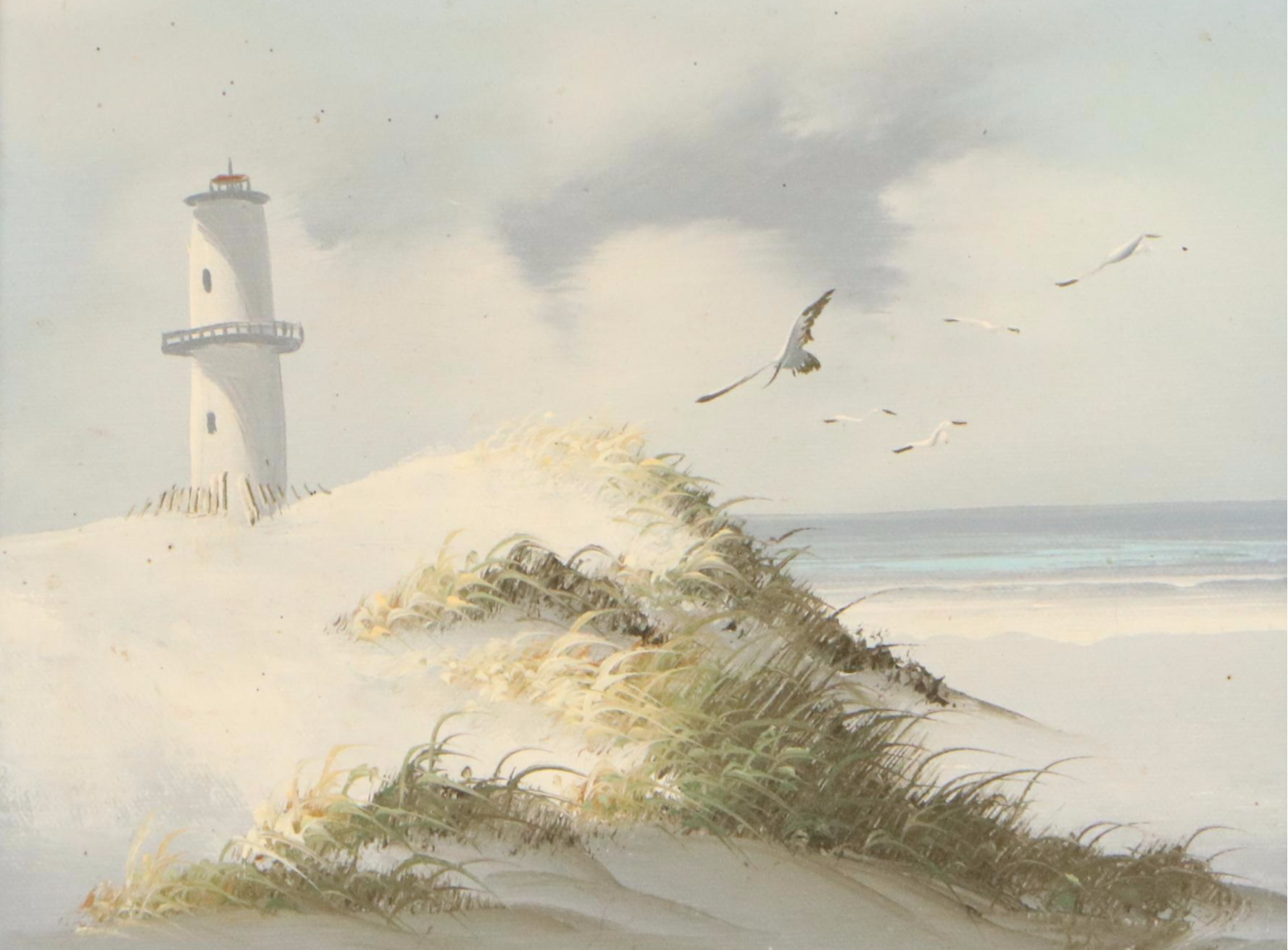 Seascape Oil Painting of Lighthouse with Sand Dunes, Late 20th Century