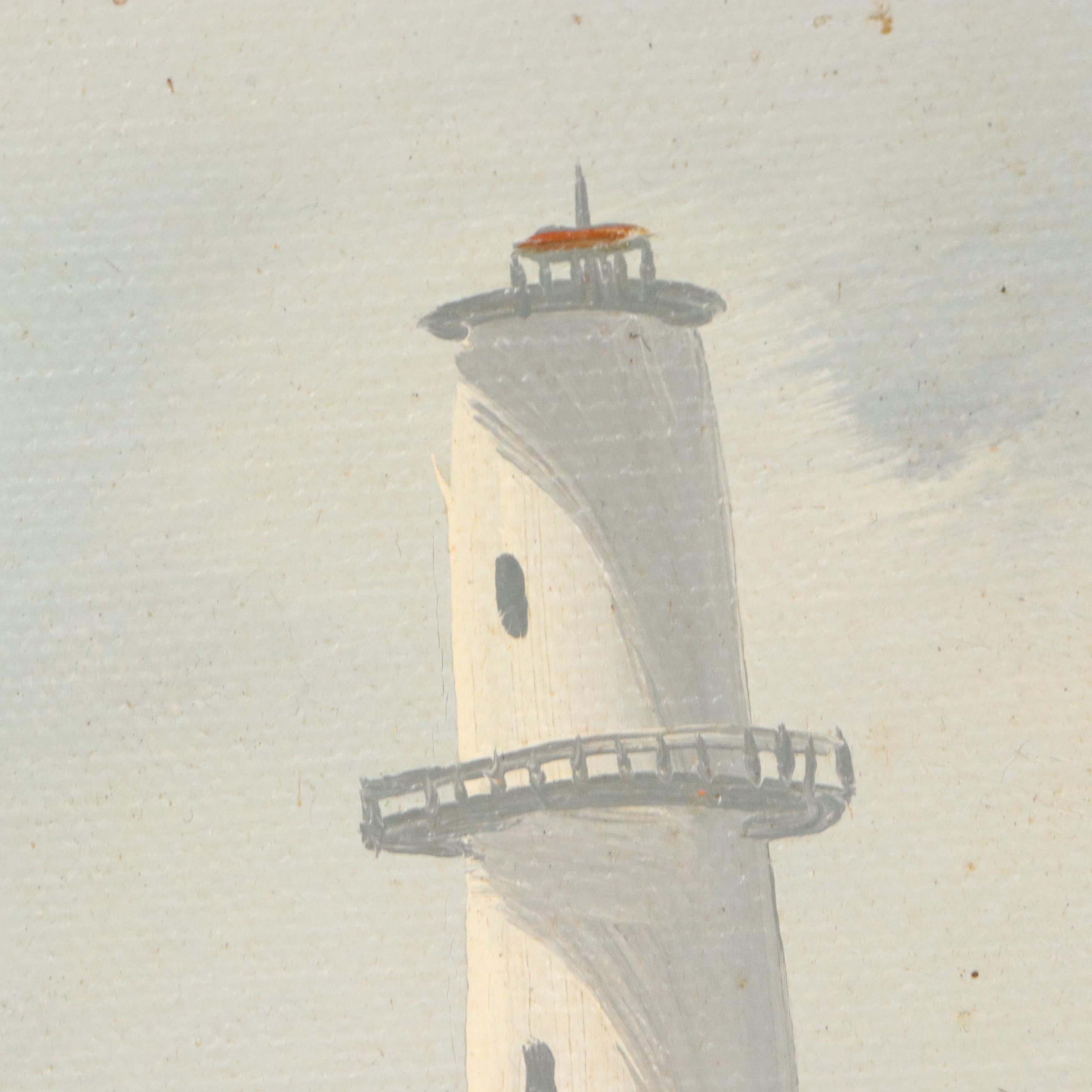 Seascape Oil Painting of Lighthouse with Sand Dunes, Late 20th Century
