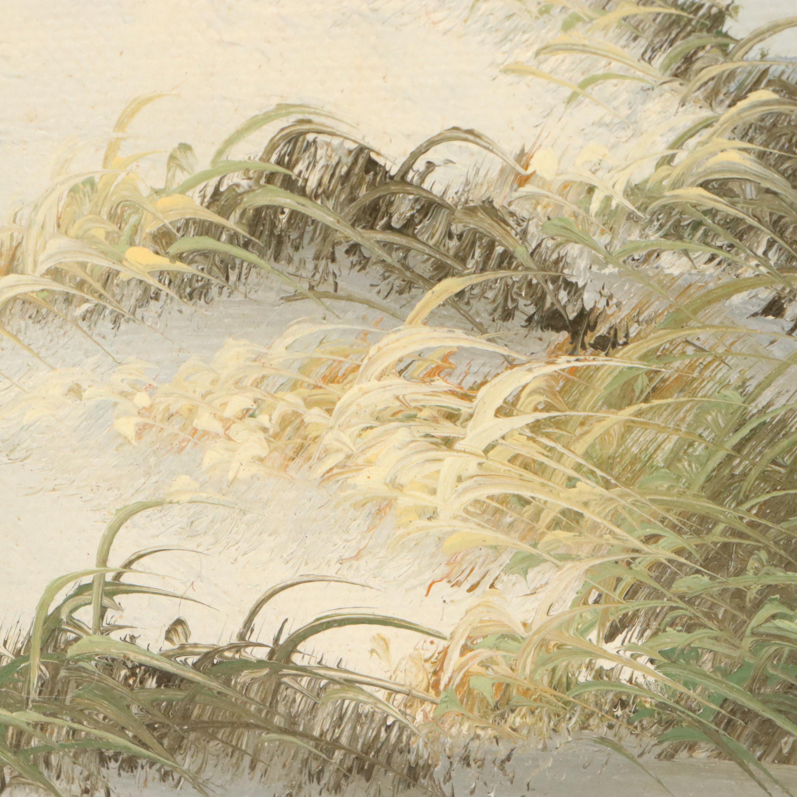 Seascape Oil Painting of Lighthouse with Sand Dunes, Late 20th Century