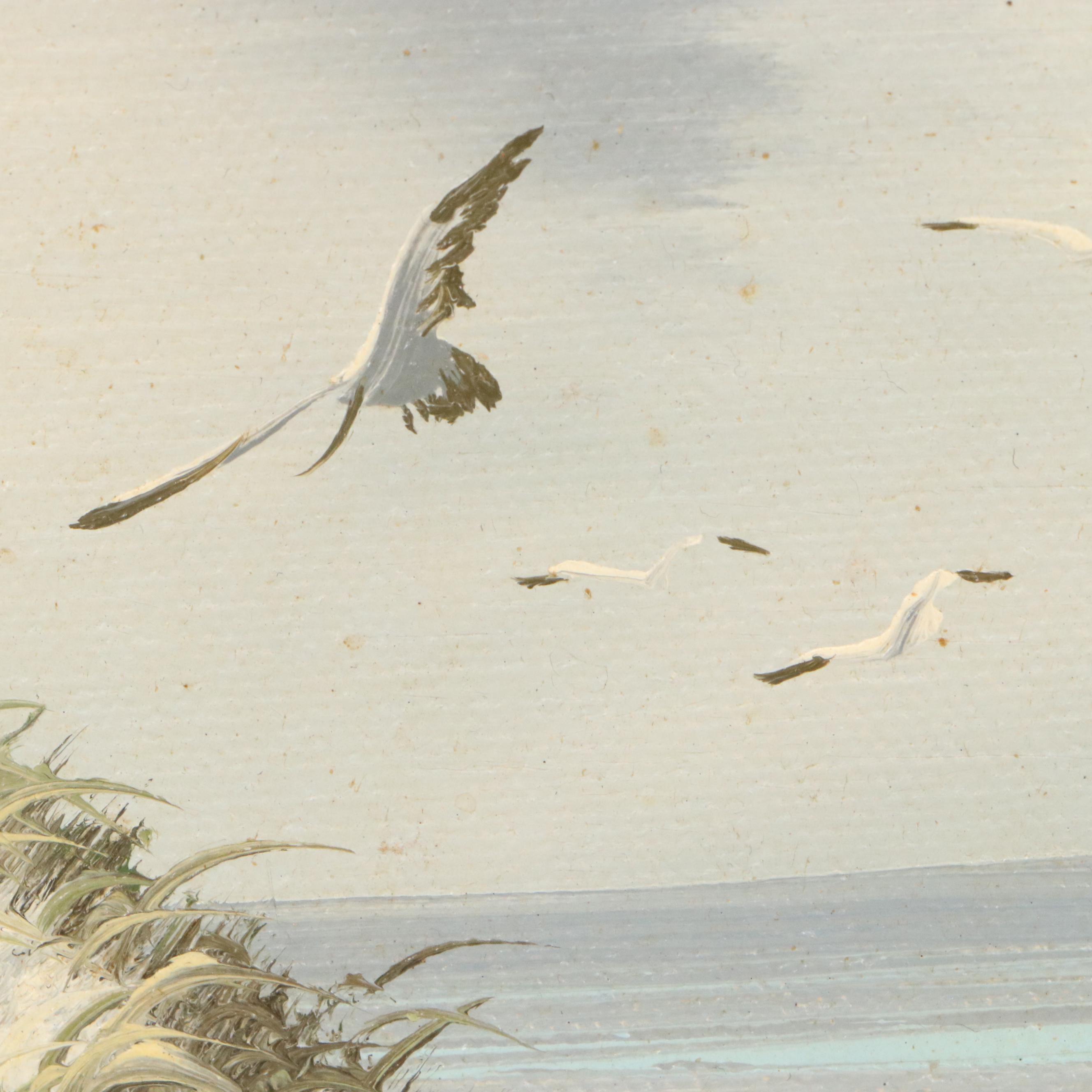 Seascape Oil Painting of Lighthouse with Sand Dunes, Late 20th Century