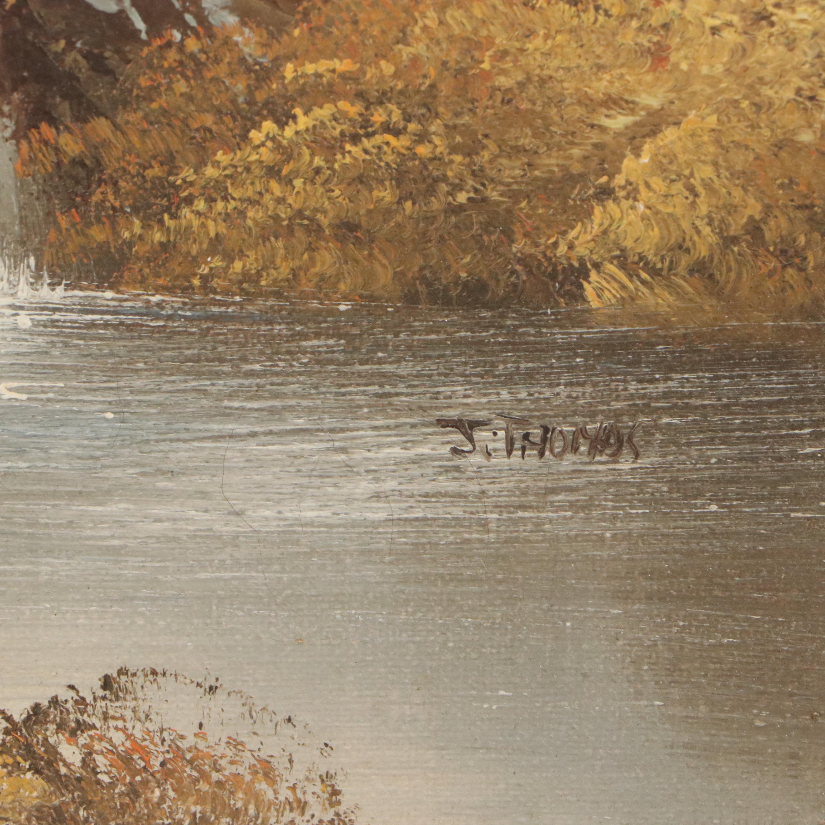 J. Thomas Mountainous Landscape Oil Painting, Late 20th Century