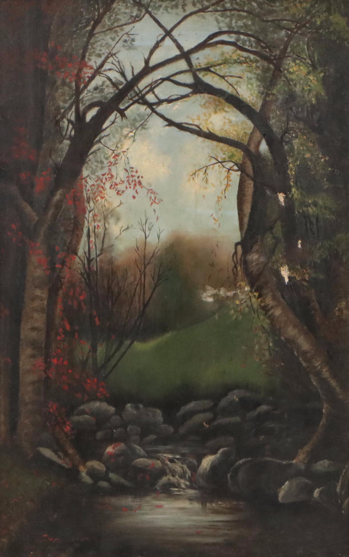 Wooded Landscape Oil Painting with Waterfall, Late 20th Century