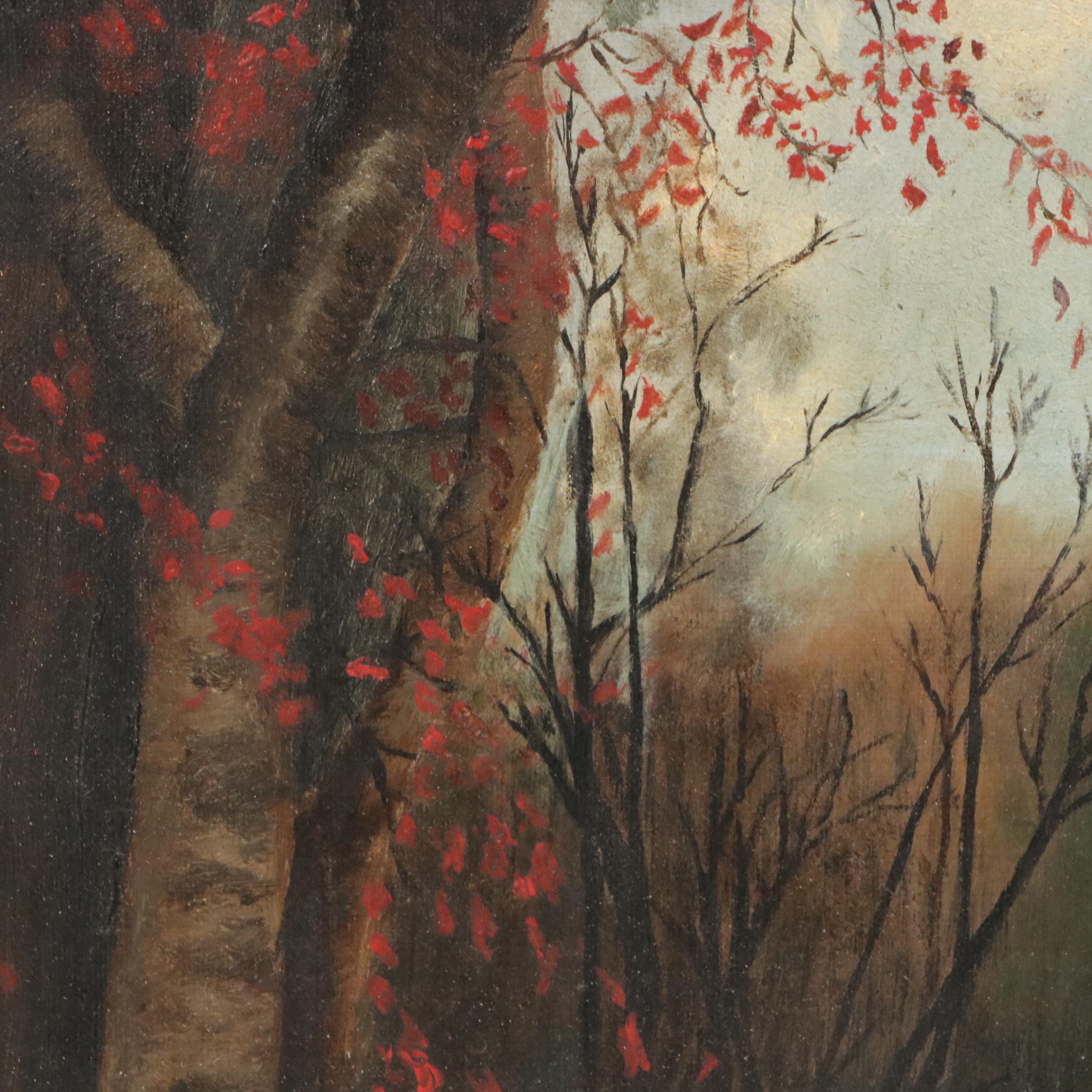 Wooded Landscape Oil Painting with Waterfall, Late 20th Century