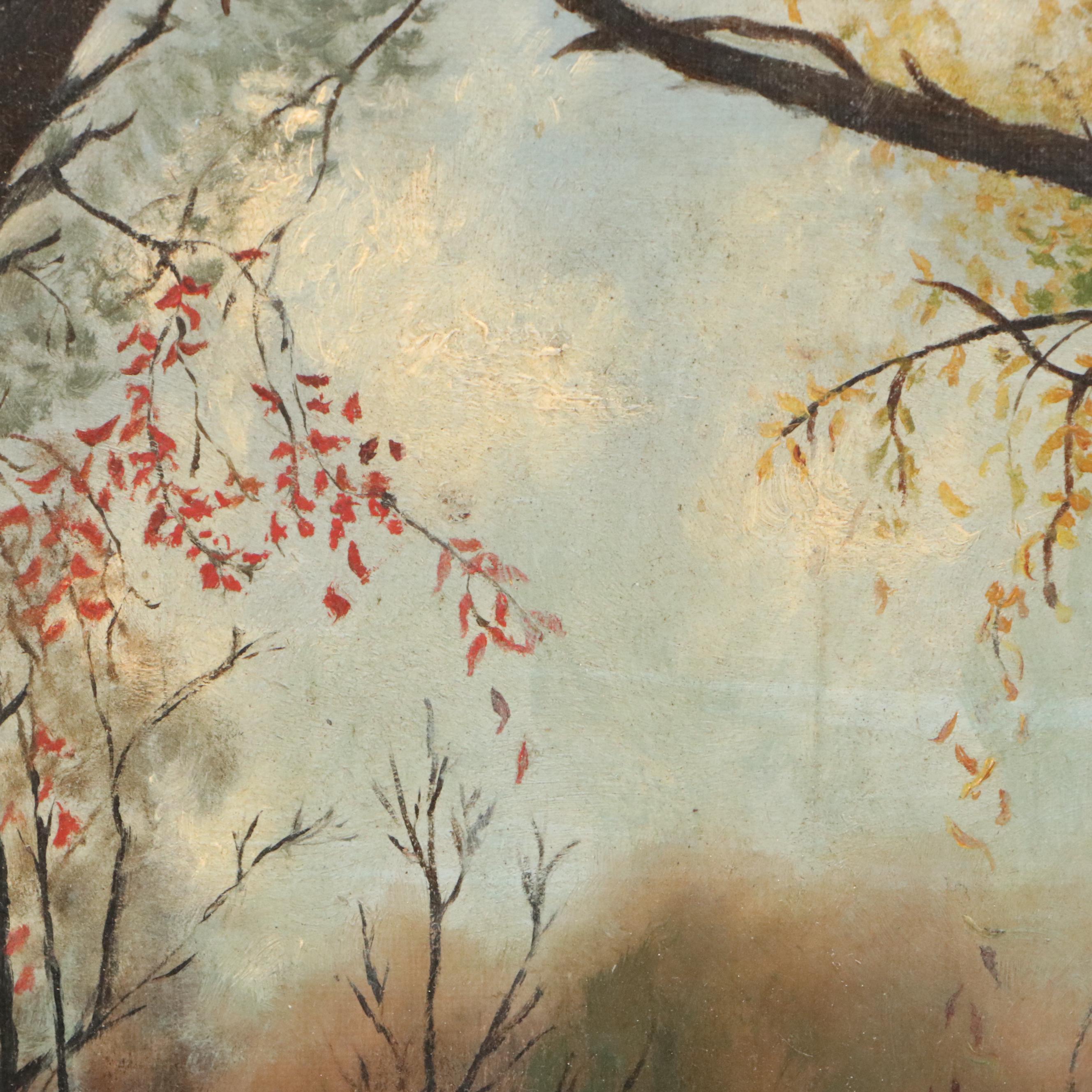 Wooded Landscape Oil Painting with Waterfall, Late 20th Century