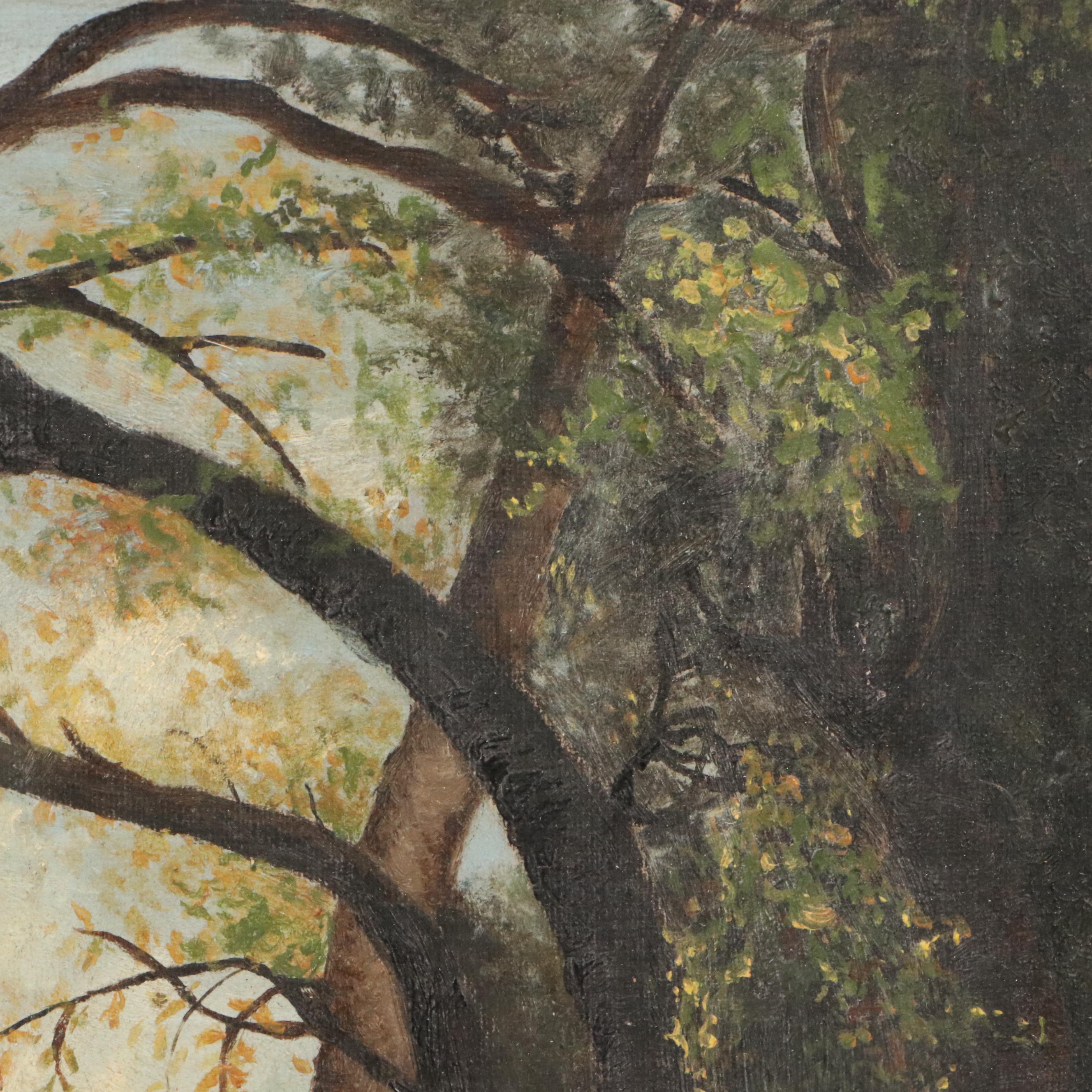 Wooded Landscape Oil Painting with Waterfall, Late 20th Century