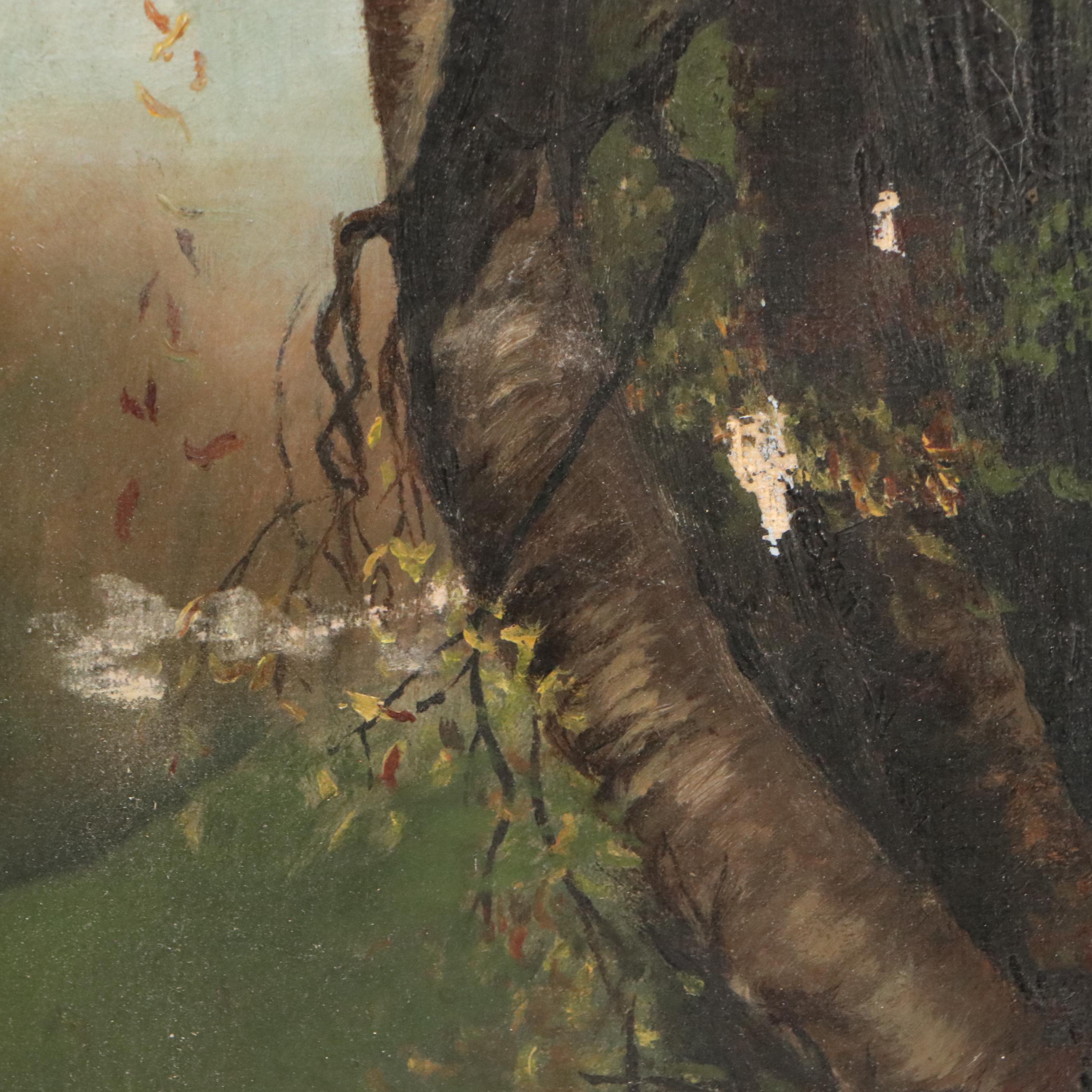 Wooded Landscape Oil Painting with Waterfall, Late 20th Century