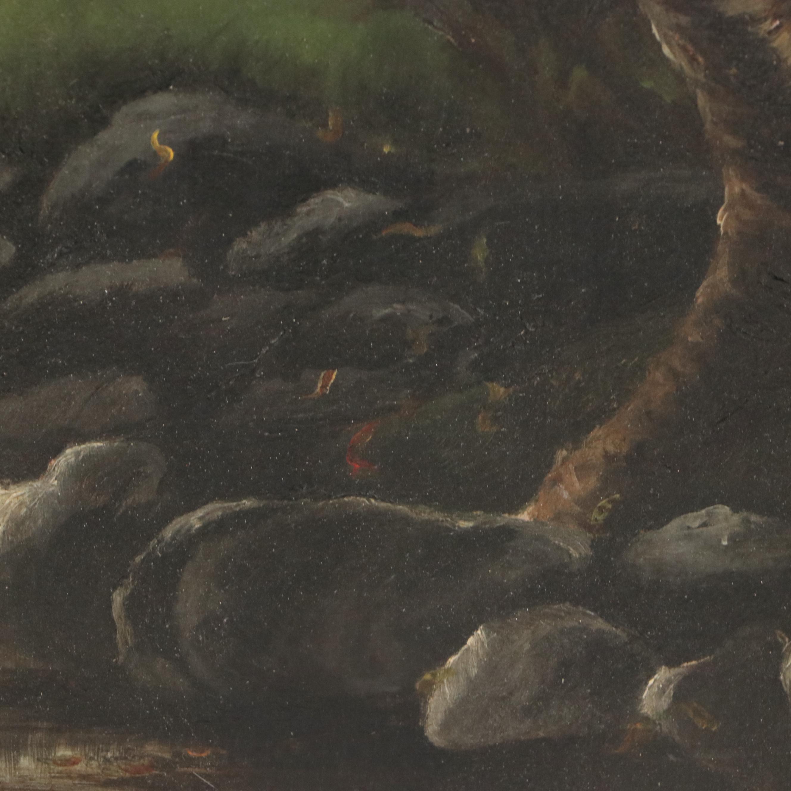 Wooded Landscape Oil Painting with Waterfall, Late 20th Century