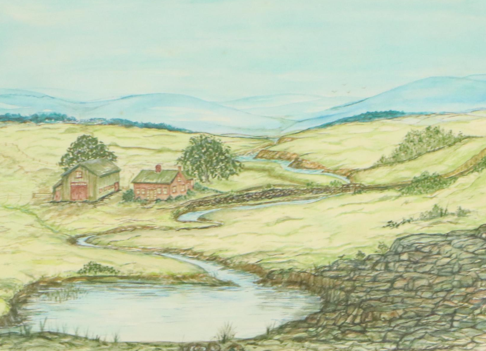 H. Brierley Rolling Hills Landscape Watercolor Painting