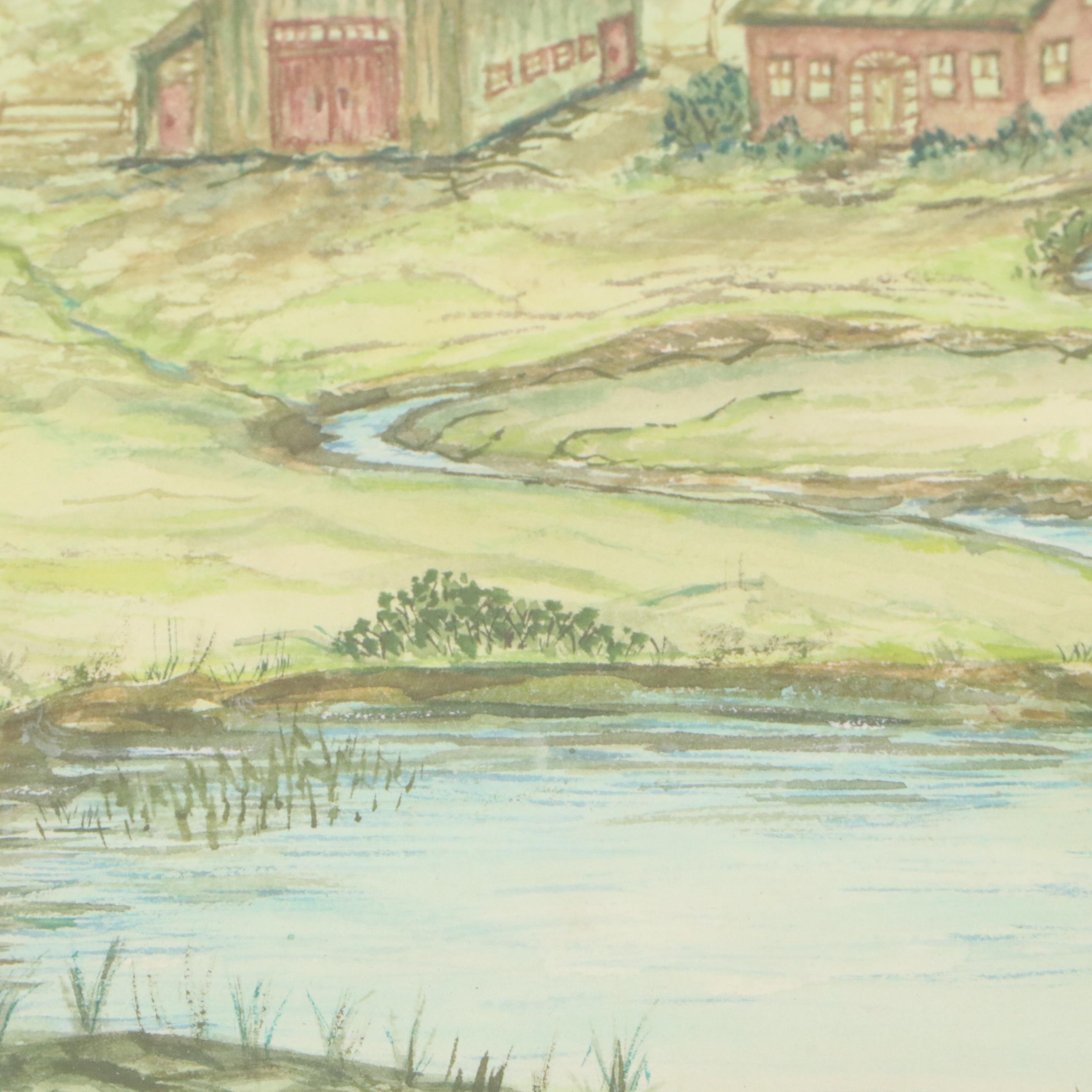 H. Brierley Rolling Hills Landscape Watercolor Painting