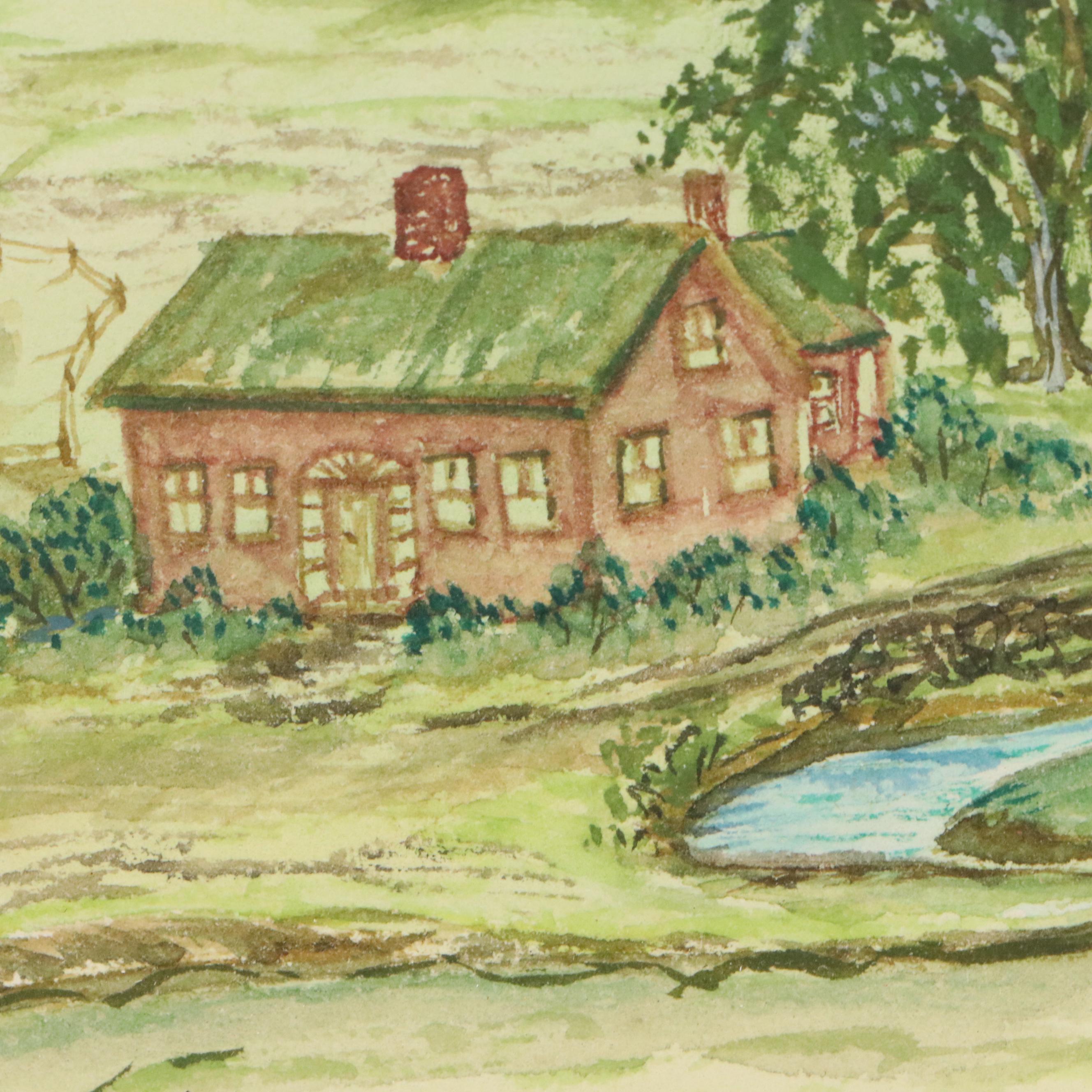 H. Brierley Rolling Hills Landscape Watercolor Painting