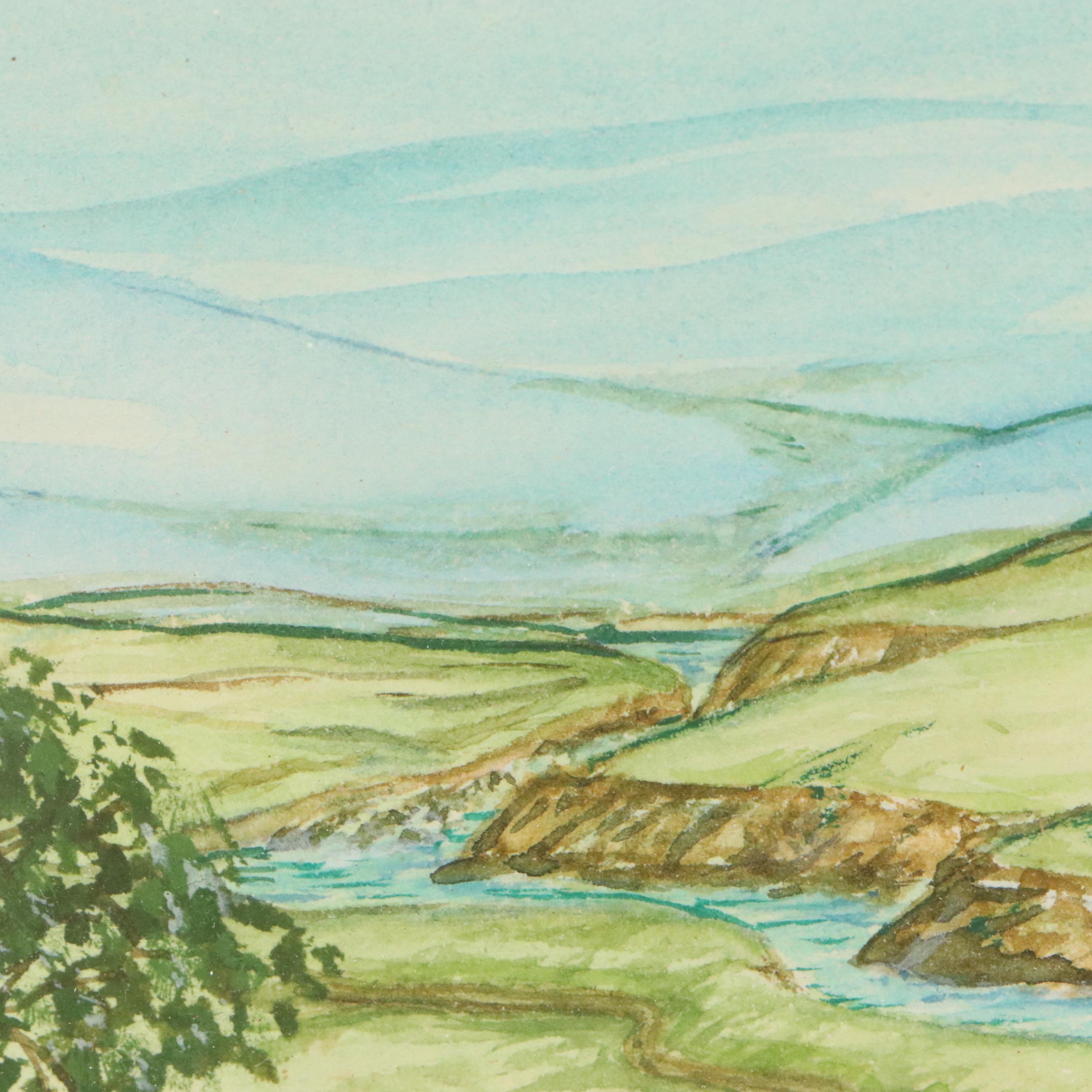 H. Brierley Rolling Hills Landscape Watercolor Painting