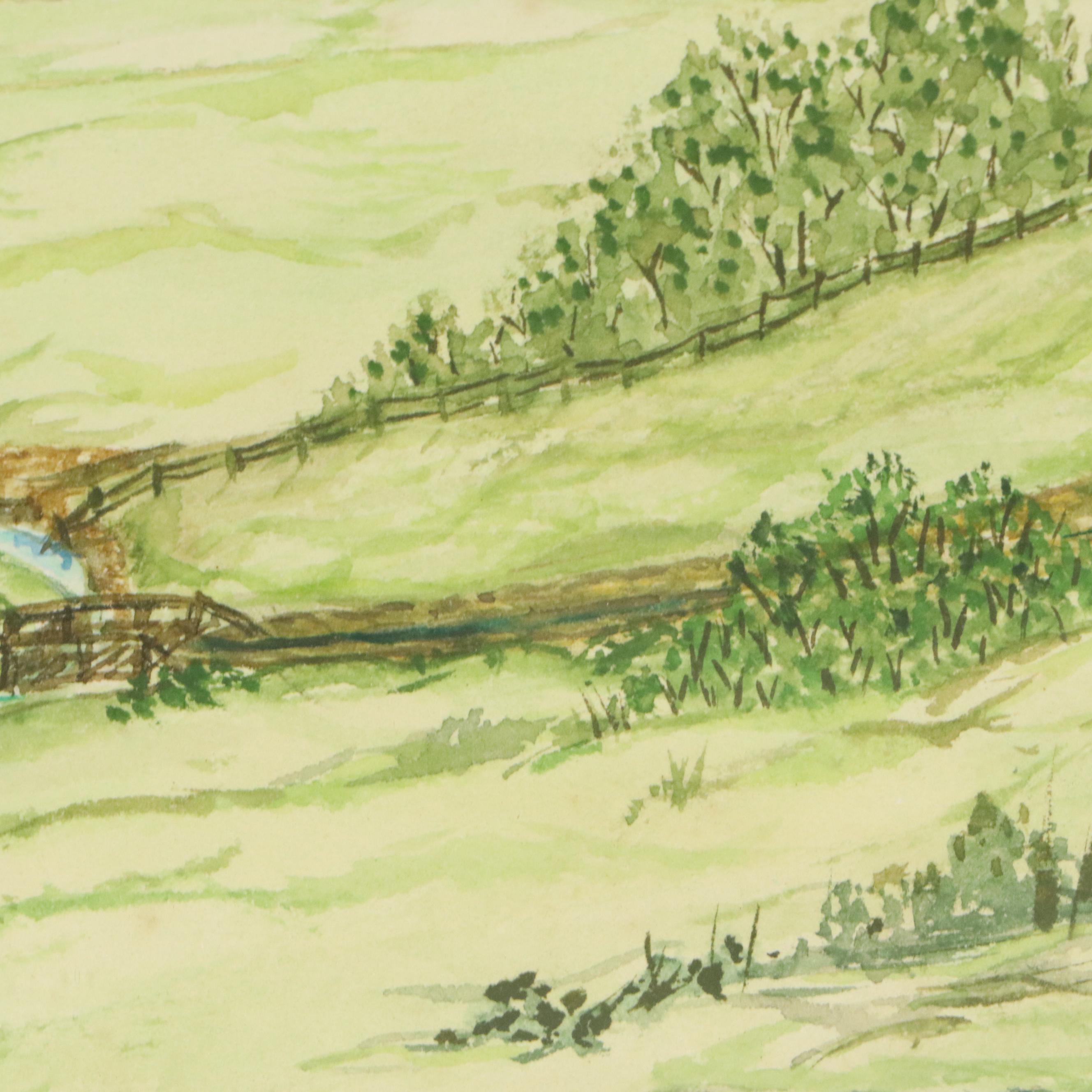 H. Brierley Rolling Hills Landscape Watercolor Painting