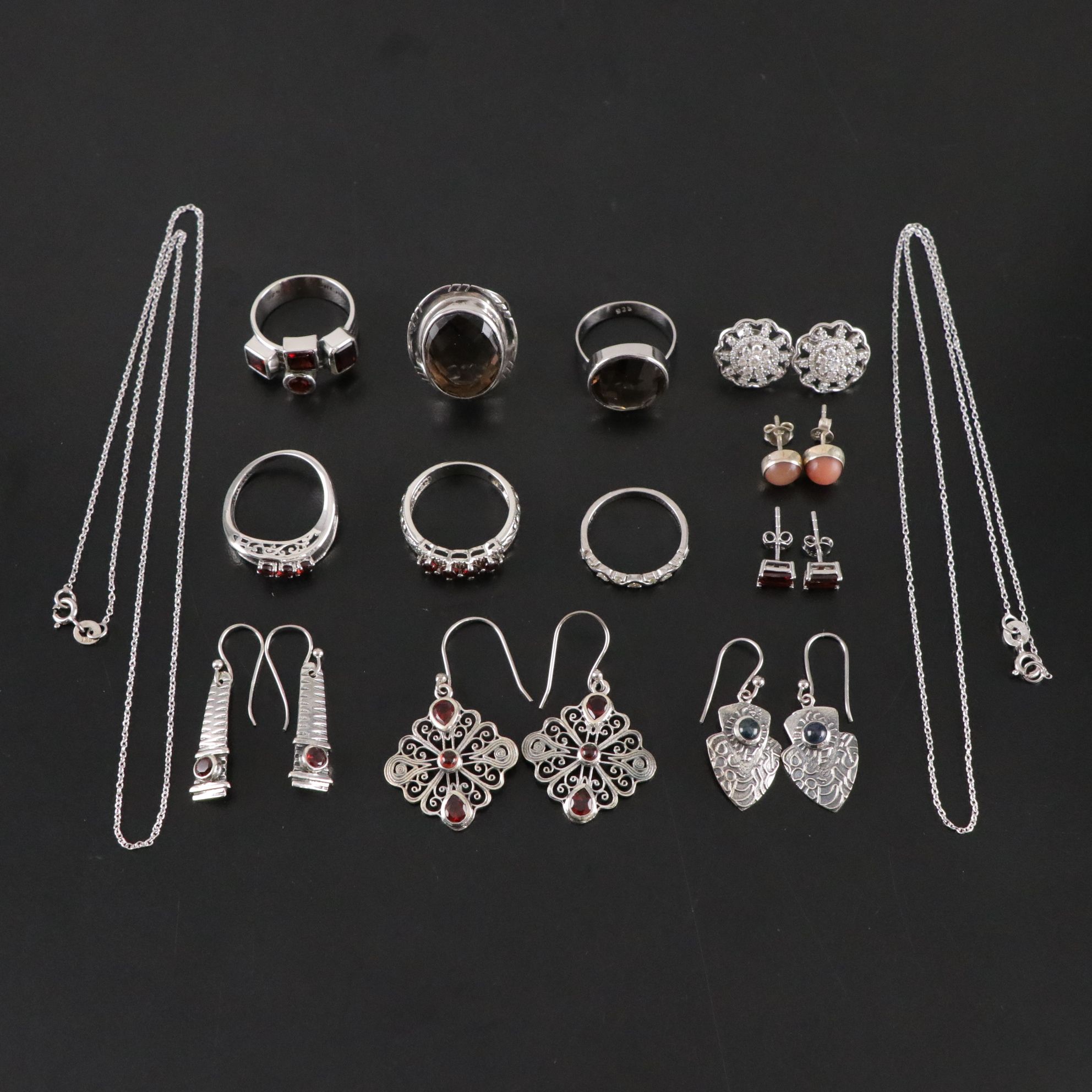 14 Assorted Sterling Silver Rings, Necklaces and Earrings