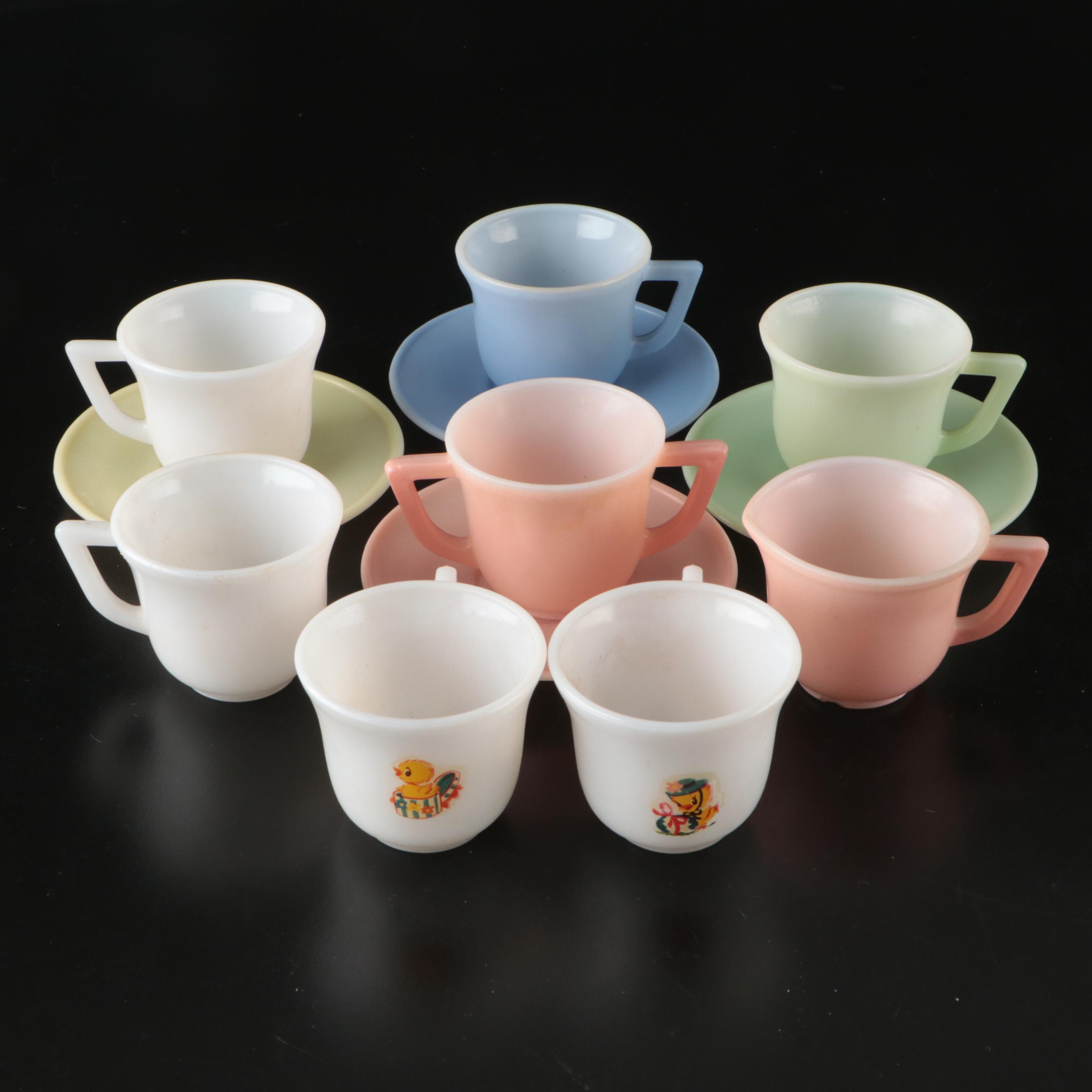 Pastel Pressed Glass Child's or Doll Teacups and Saucers, Late 20th Century