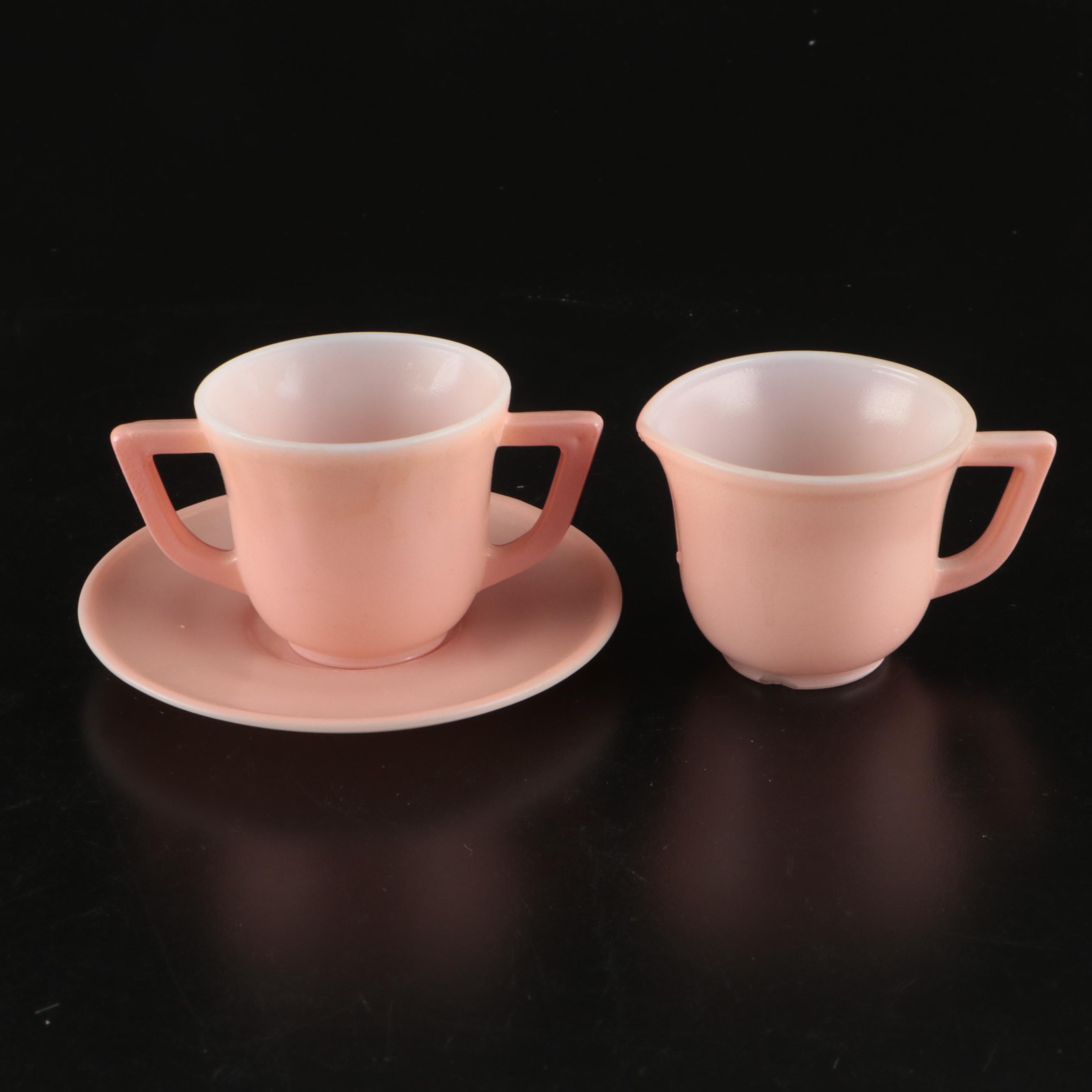 Pastel Pressed Glass Child's or Doll Teacups and Saucers, Late 20th Century
