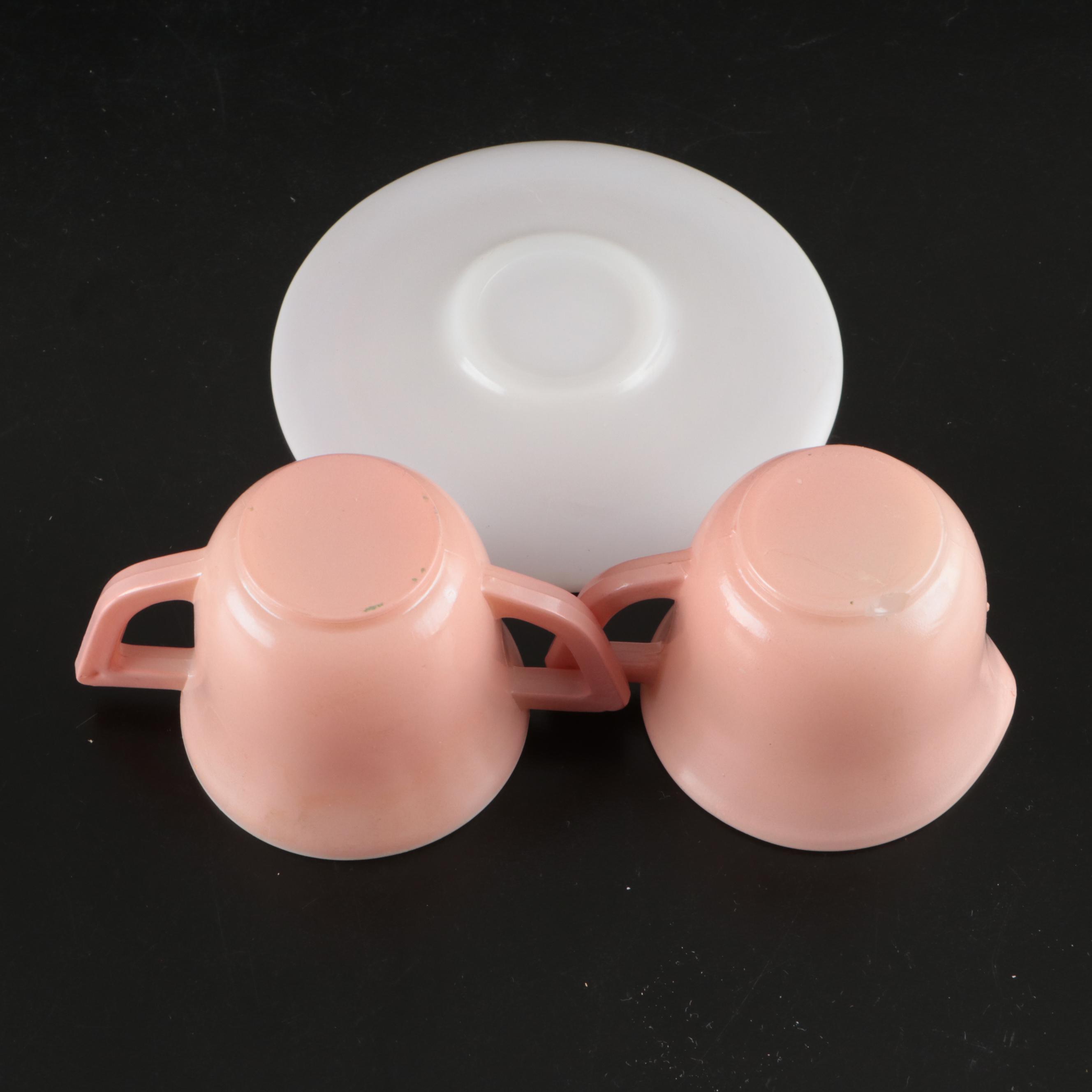 Pastel Pressed Glass Child's or Doll Teacups and Saucers, Late 20th Century