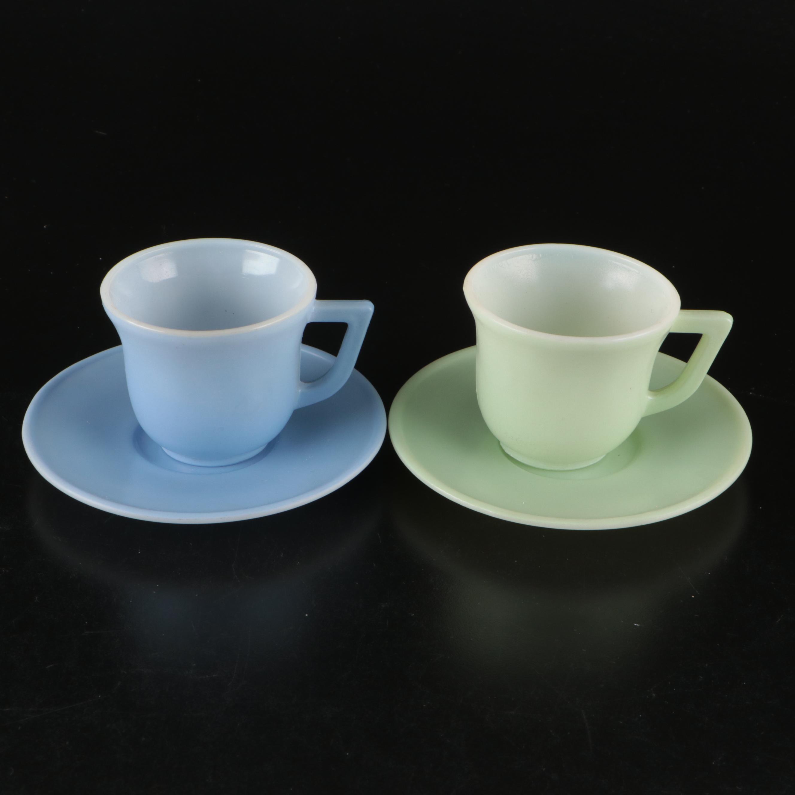 Pastel Pressed Glass Child's or Doll Teacups and Saucers, Late 20th Century