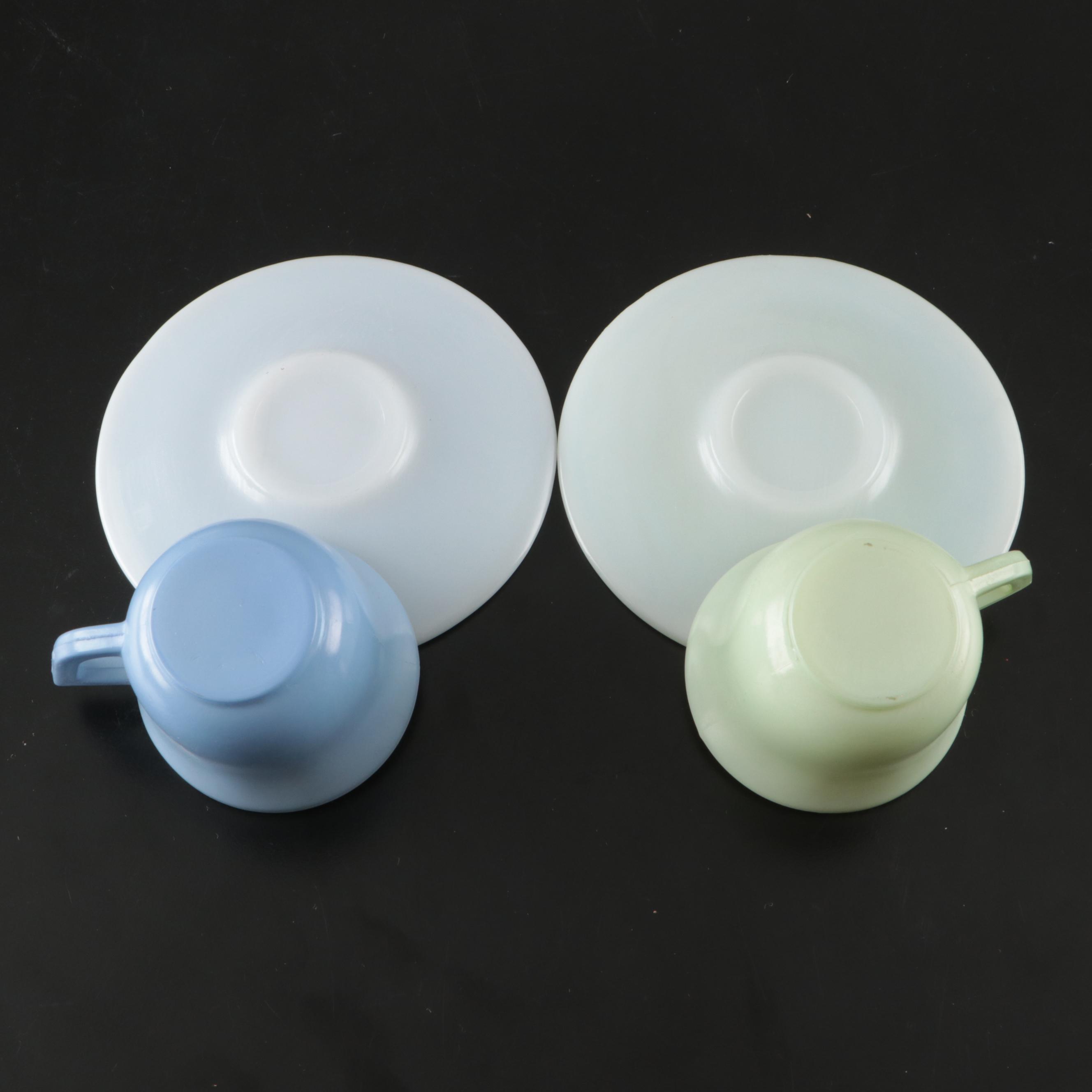 Pastel Pressed Glass Child's or Doll Teacups and Saucers, Late 20th Century