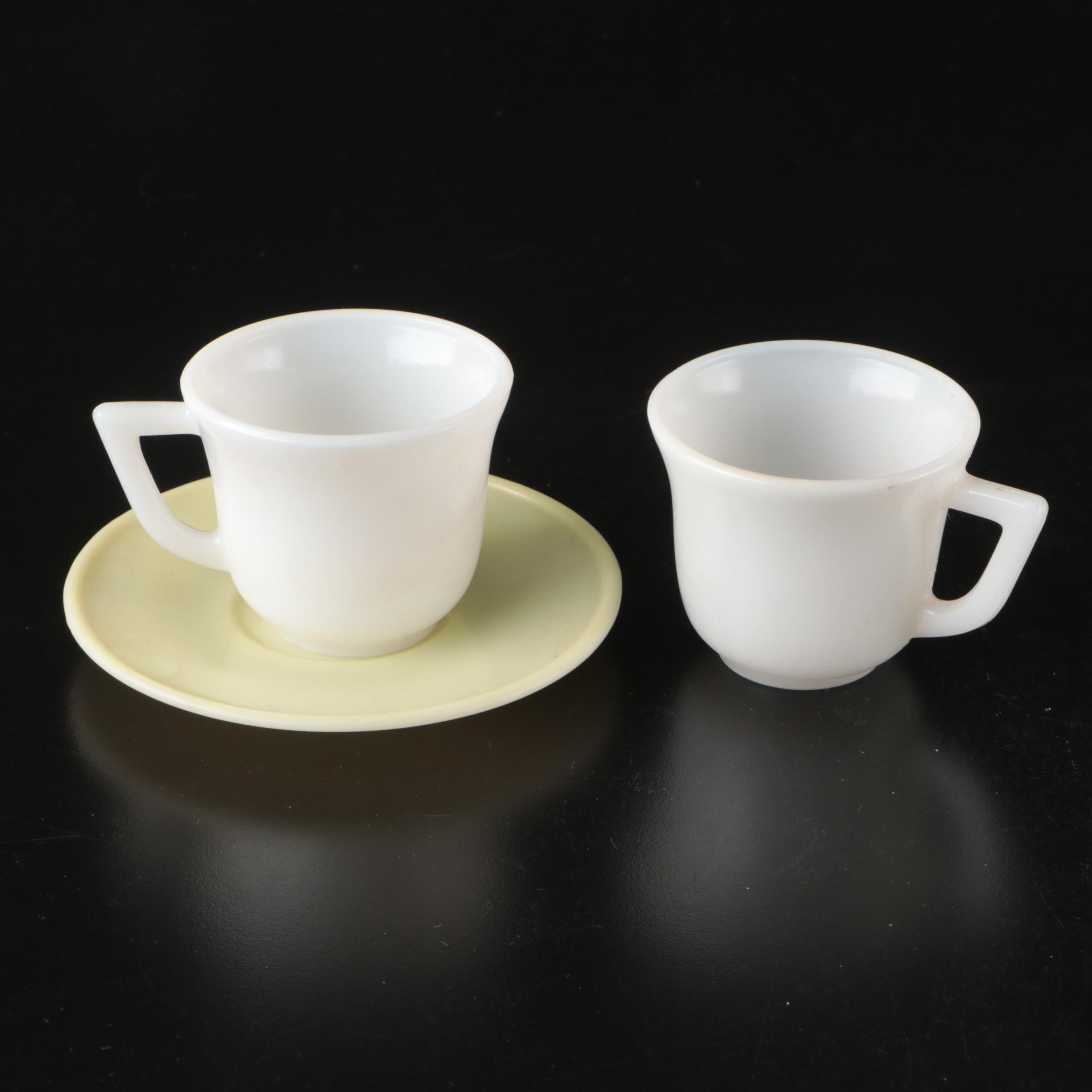 Pastel Pressed Glass Child's or Doll Teacups and Saucers, Late 20th Century