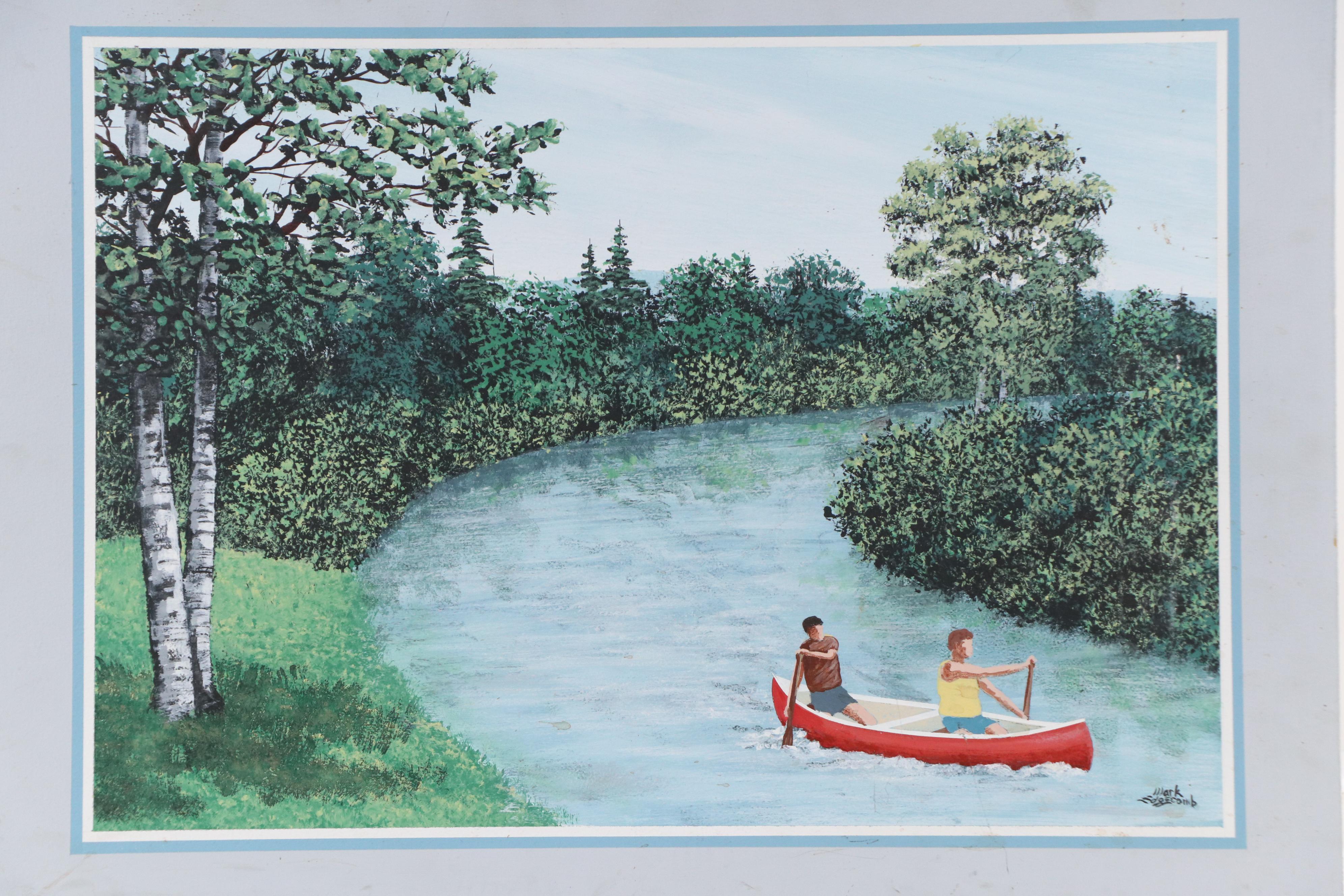 Mark Edgecomb Acrylic Painting of Couple Canoeing, Mid to Late 20th Century